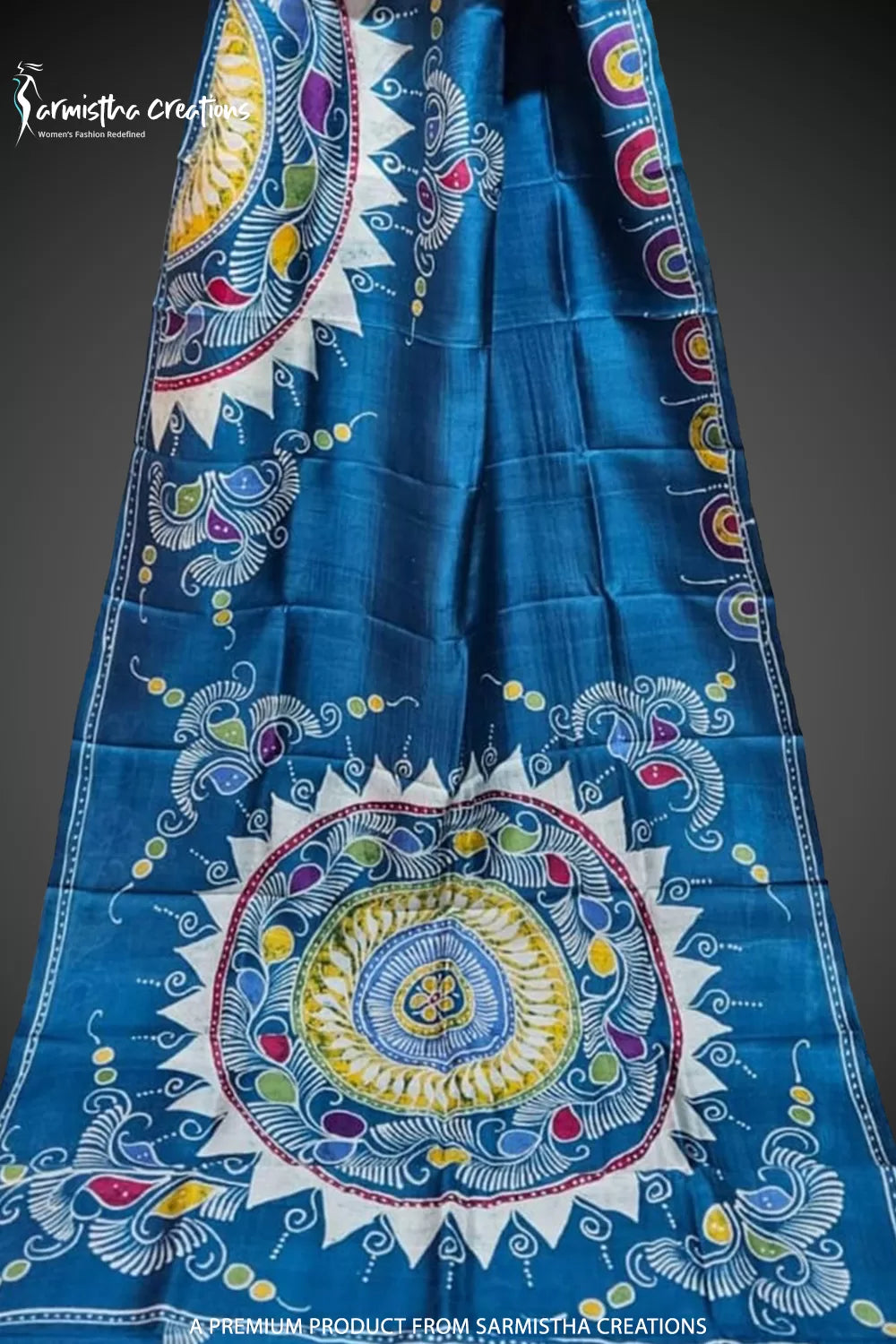 Bishnupuri Silk Saree With Hand Batik Work bssp-011 (Cobalt Blue With Multi-Coloured Pattern) image 0