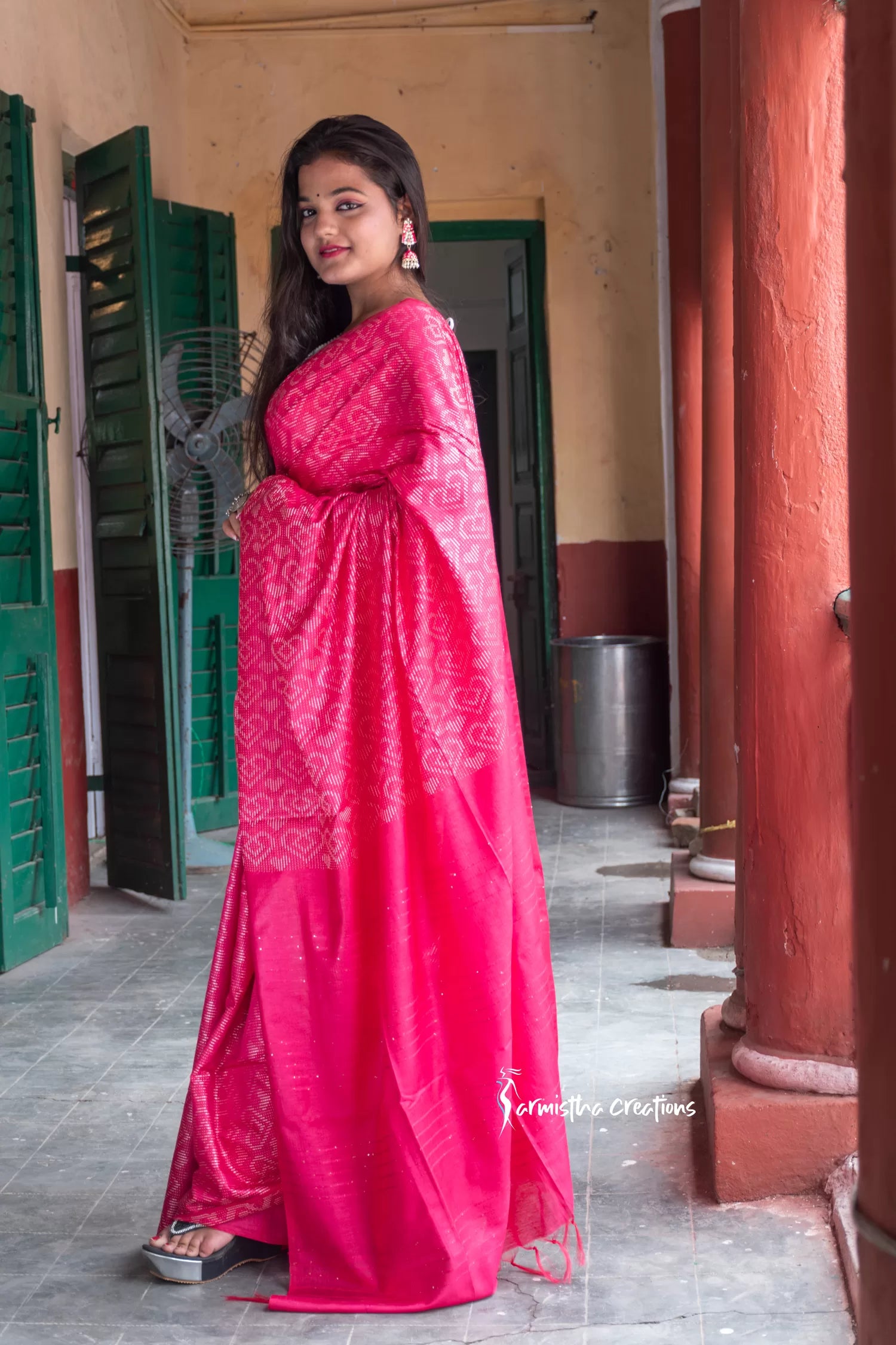 Semi-Silk Saree (Vibrant Pink) image 3