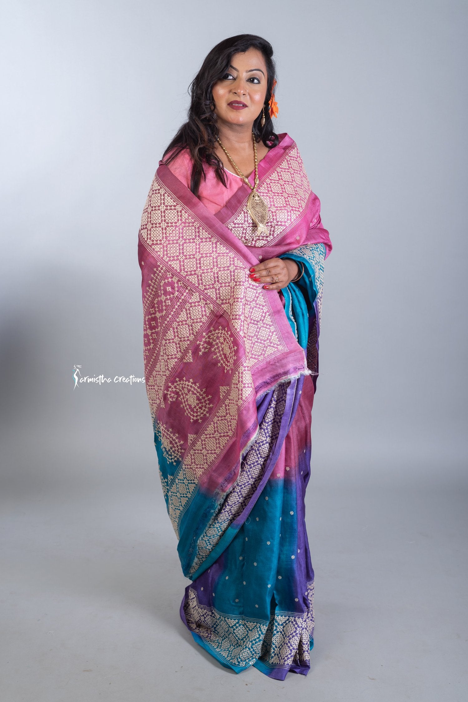 Multicoloured Tussar Kutchwork Saree ptkw-007 image 2
