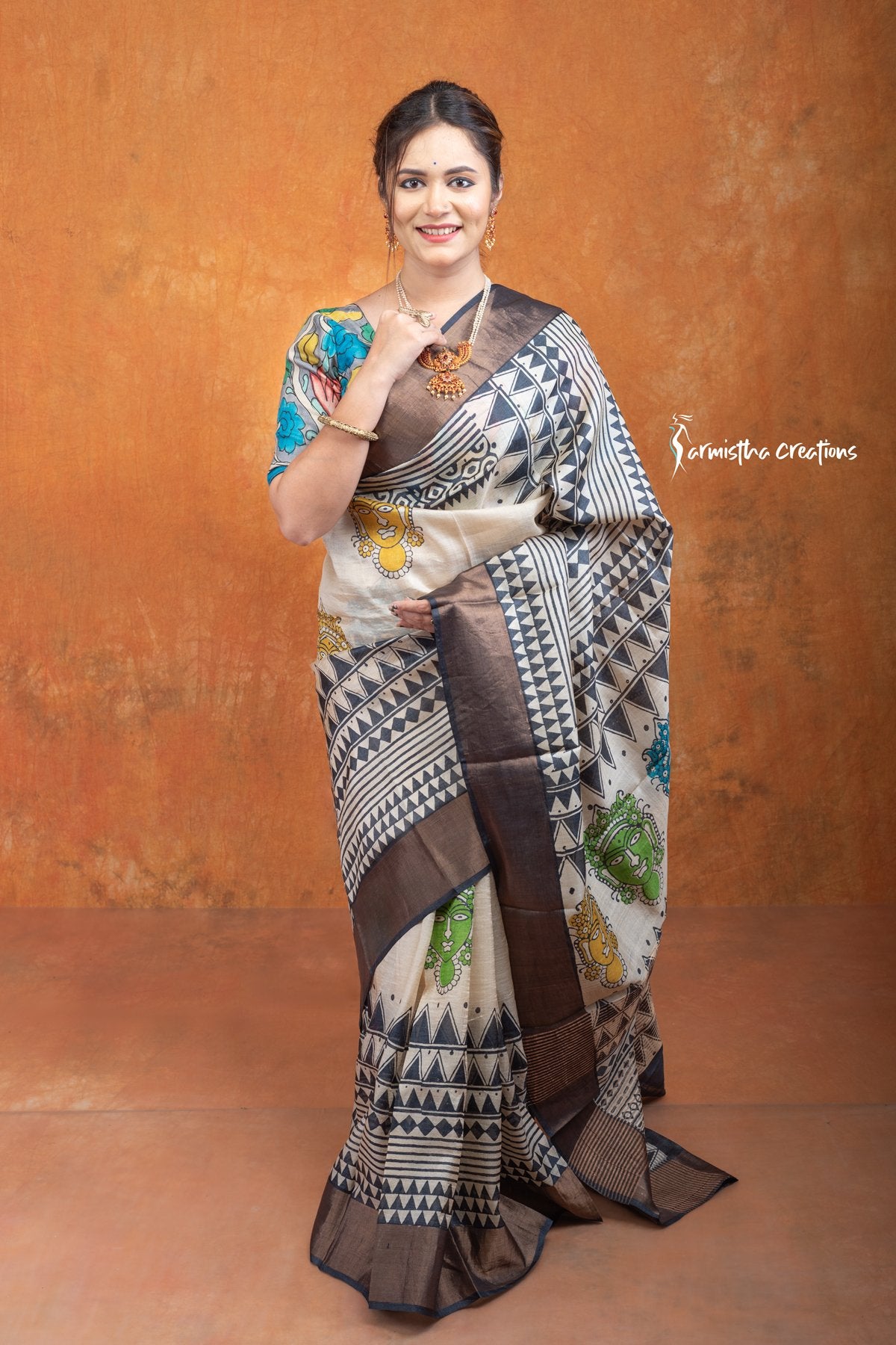 Zari Border Pure Tussar Silk Saree With Hand-Block Printing | dtzbhbp-037 image 1