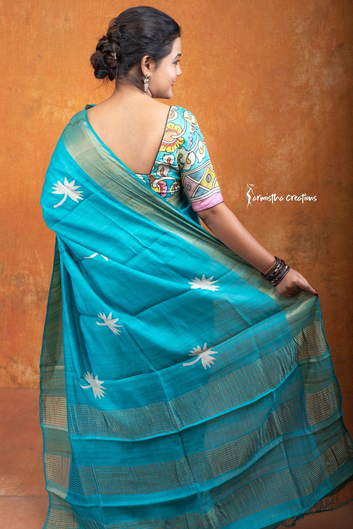 Zari Border Pure Desi Tussar Silk Saree With Hand-Block Printing dtzbhbp-114 image 2