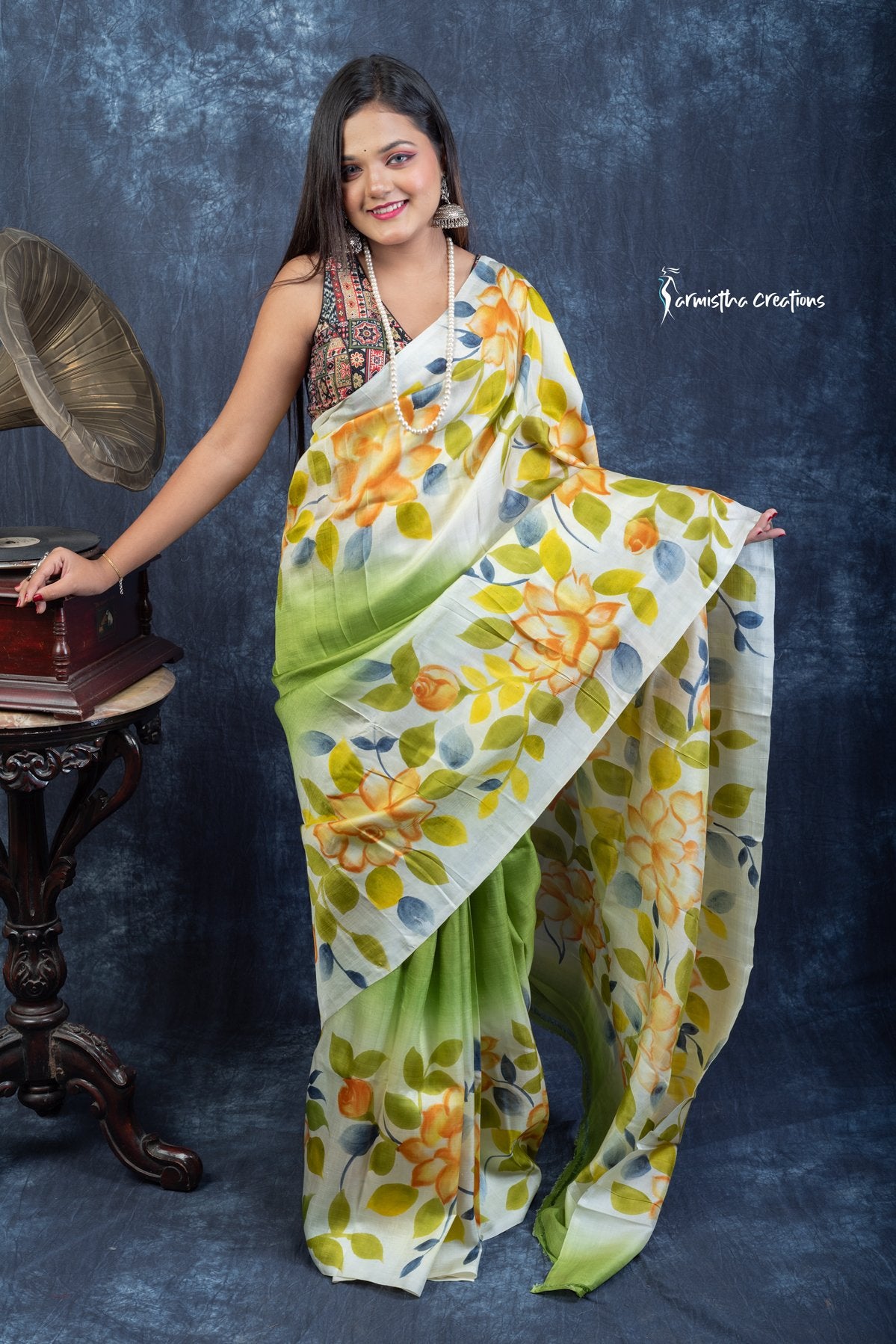Garden Whispers – Hand-Painted Bishnupuri Silk Saree | bshp-008 image 0