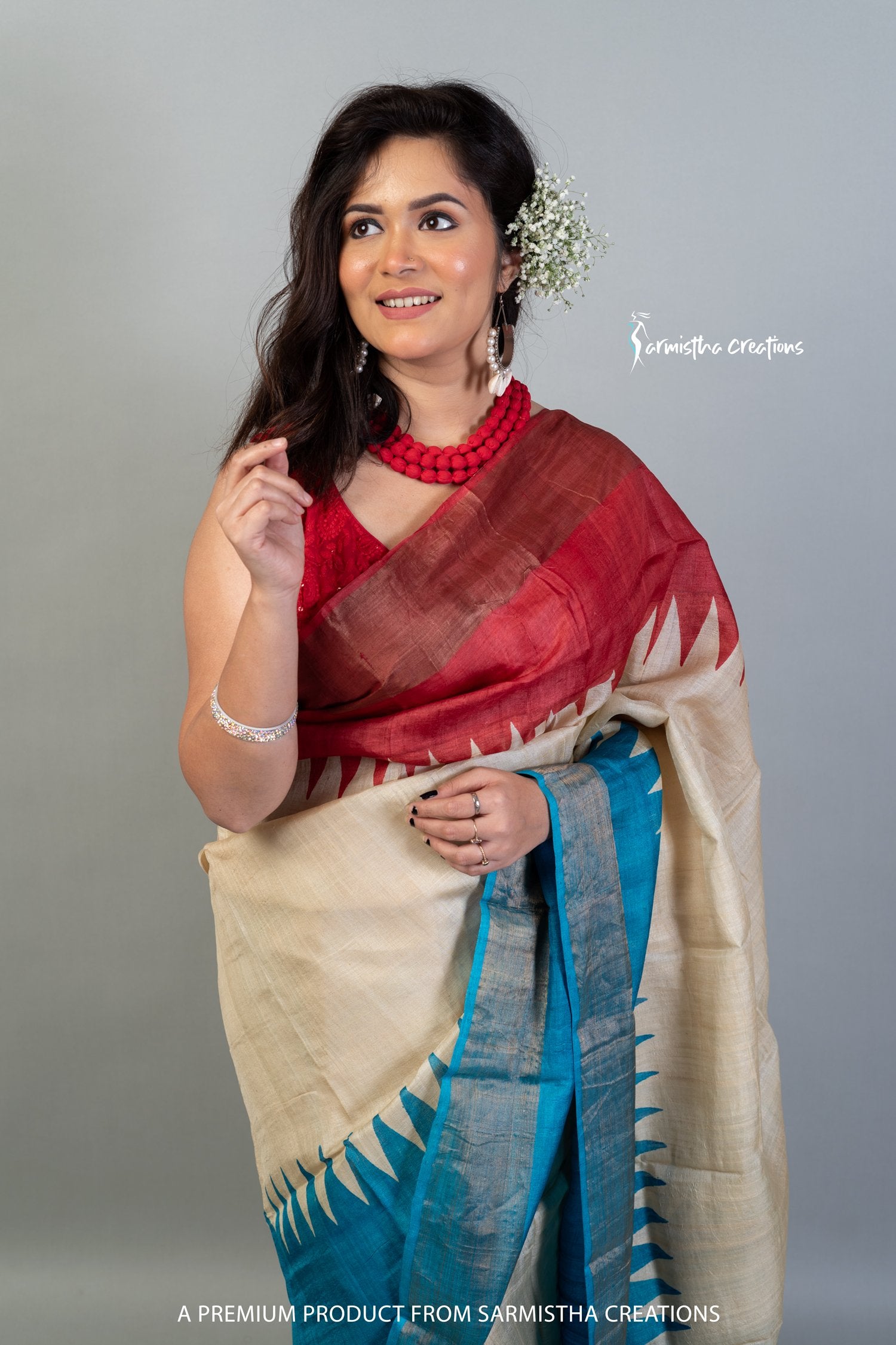 Zari Border Pure Desi Tussar Silk Saree With Hand-Block Printing dtzbhbp-071 image 0