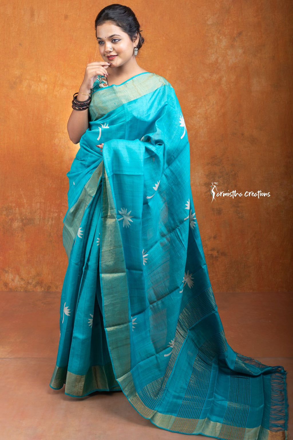 Zari Border Pure Desi Tussar Silk Saree With Hand-Block Printing dtzbhbp-114 image 0