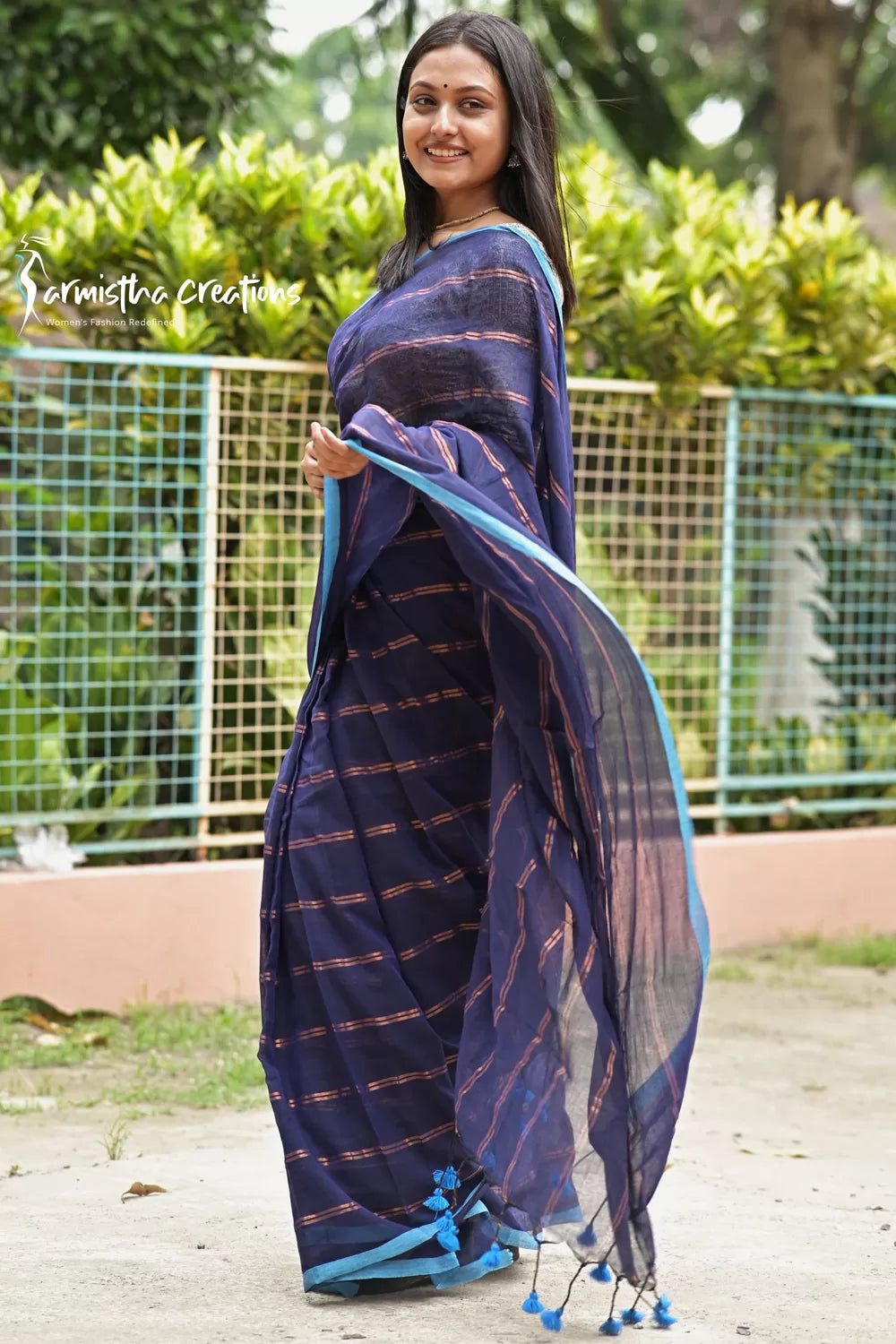 Pure Mal Cotton Saree with Copper Zari Navy image 0