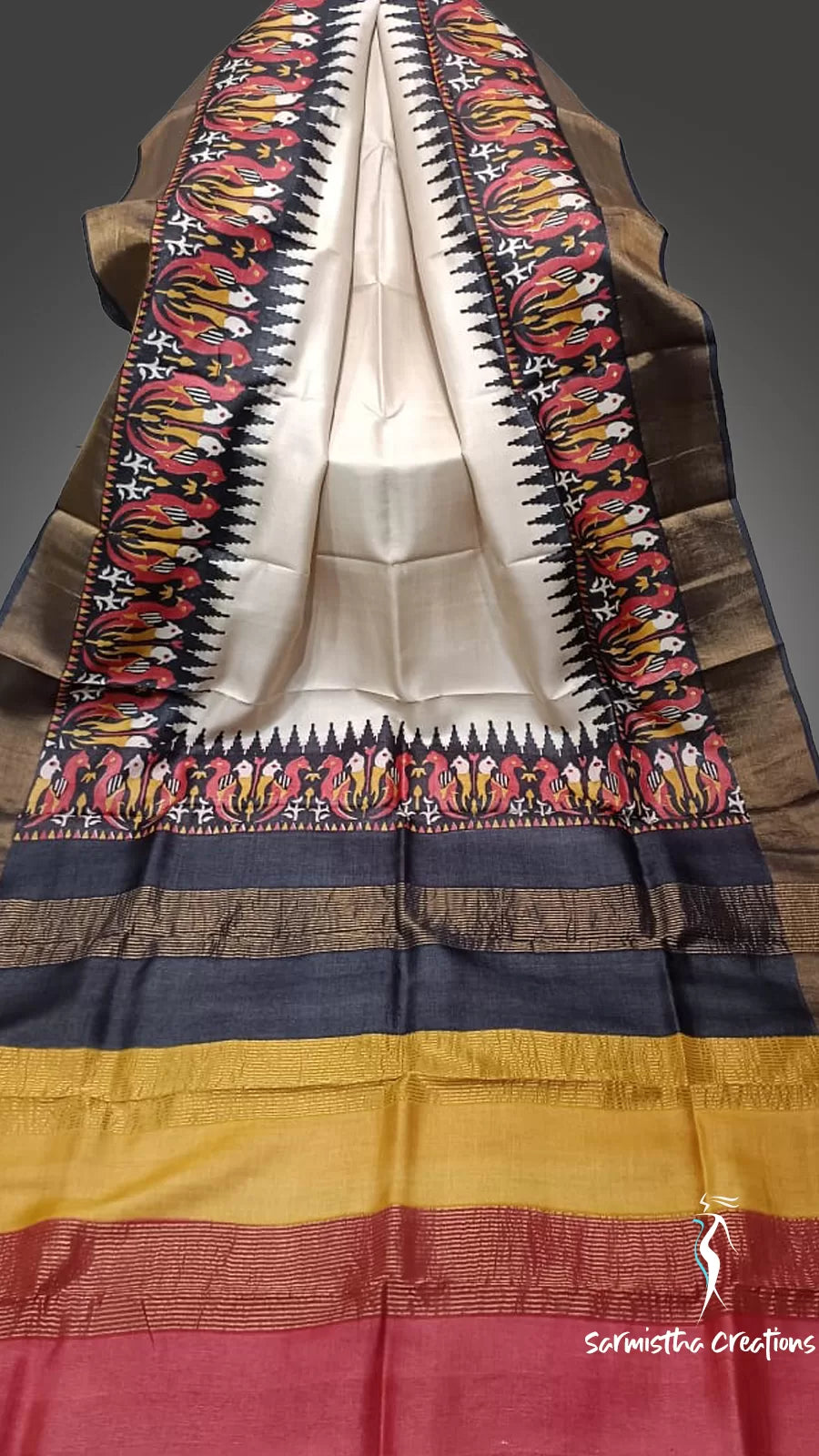 Zari Border Pure Desi Tussar Silk Saree With Hand-Block Printing dtzbhbp-013 image 0