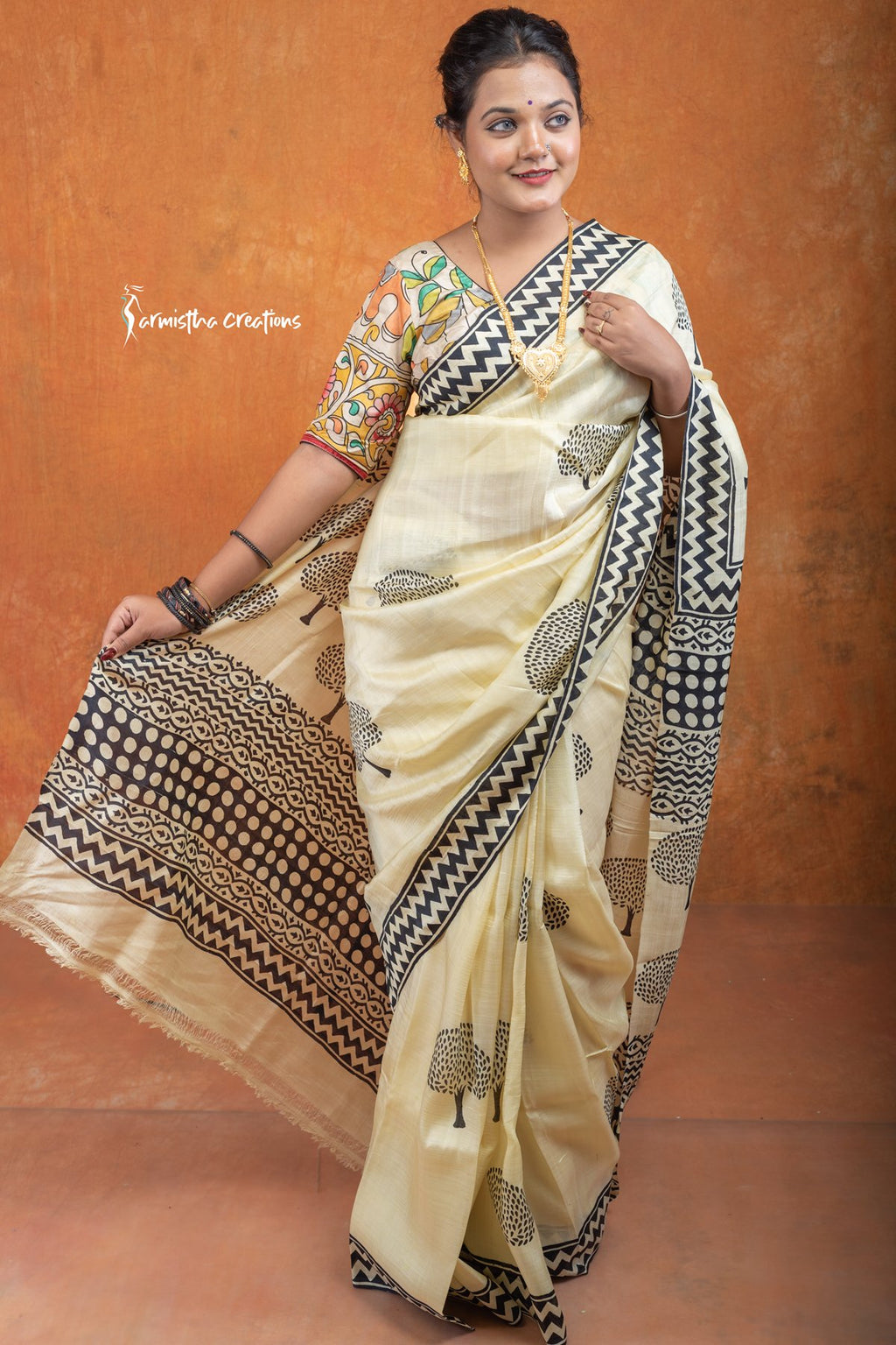 Murshidabad Silk Saree with Hand Block Printing Yellow Black hbpms-006 image 0