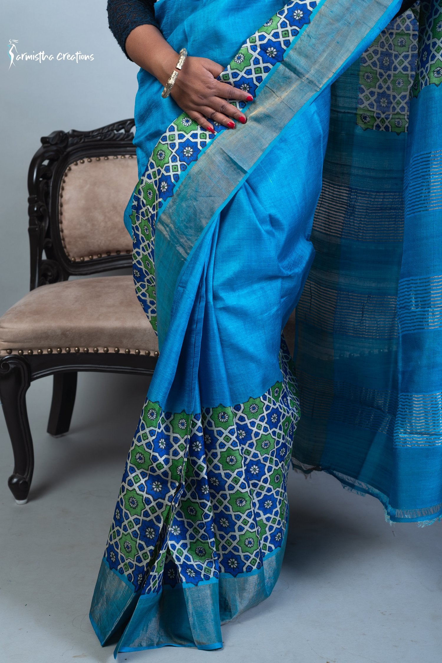 Zari Tussar Saree With Hand-Block Printing dtzbhbp-004 image 3