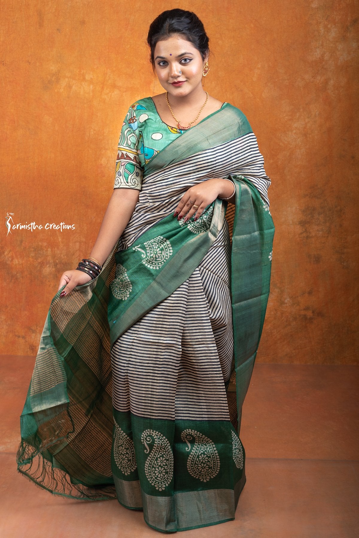Zari Border Pure Desi Tassar Silk Saree With Hand-Block Printing dtzbhbp-043 image 0