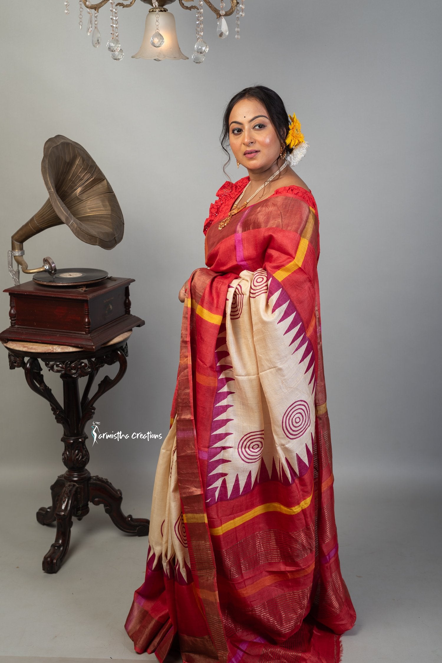 Zari Border Pure Desi Tassar Silk Saree With Hand-Block Printing dtzbhbp-044 image 0
