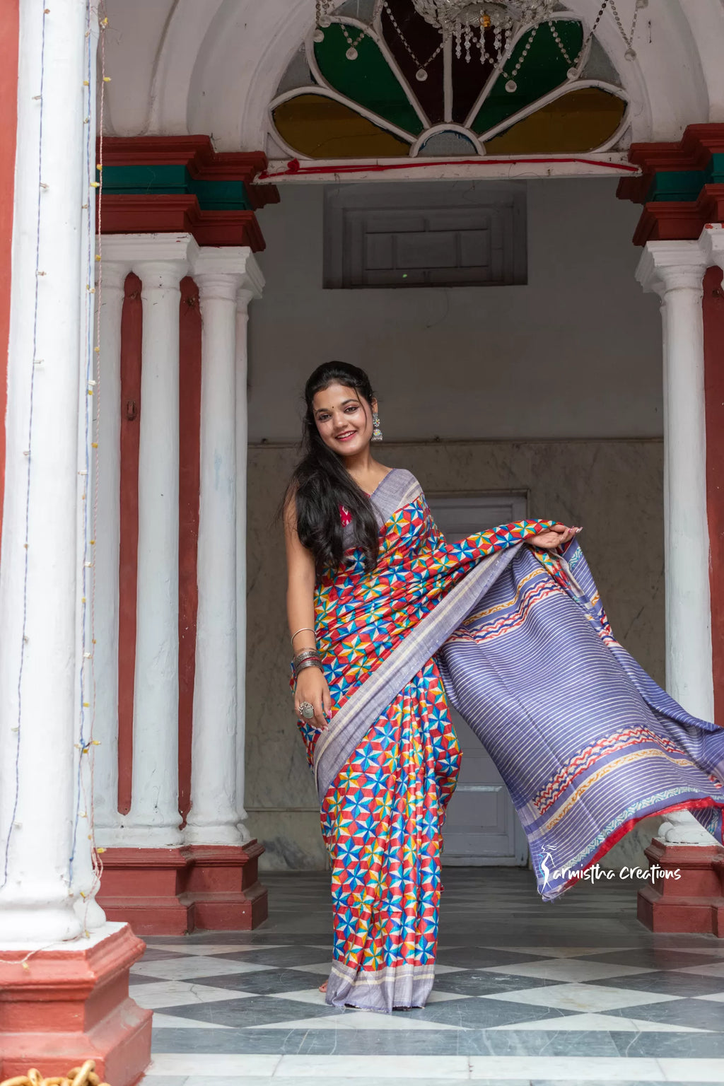 Ghicha Tussar Silk Saree with Block Printed Geometrical Motifs image 2