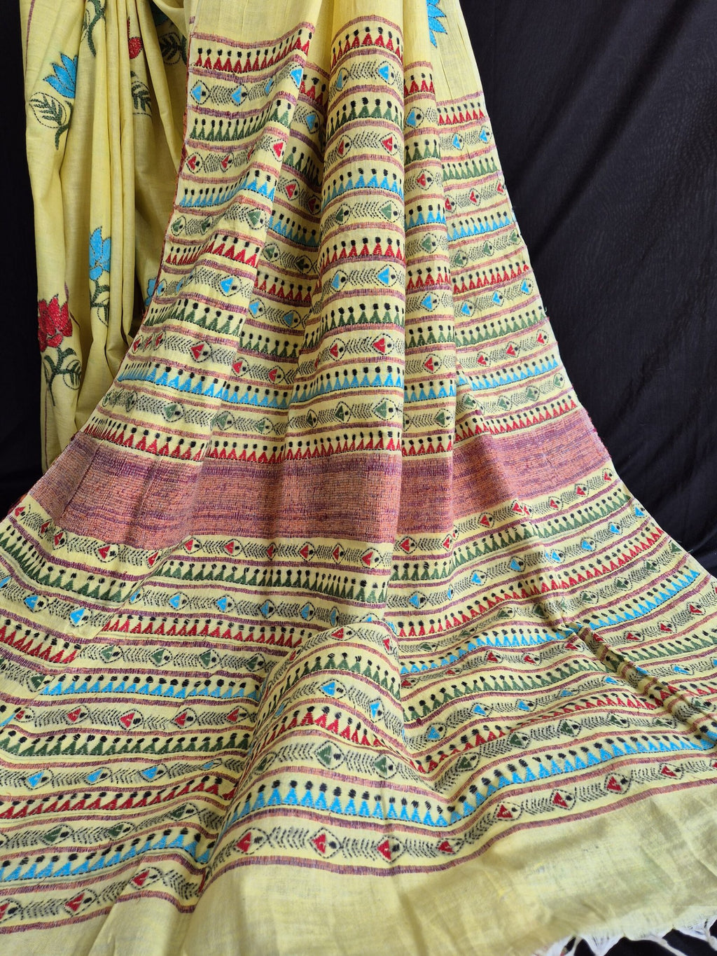 Yellow Khesh Cotton Kantha Stitch Saree image 4