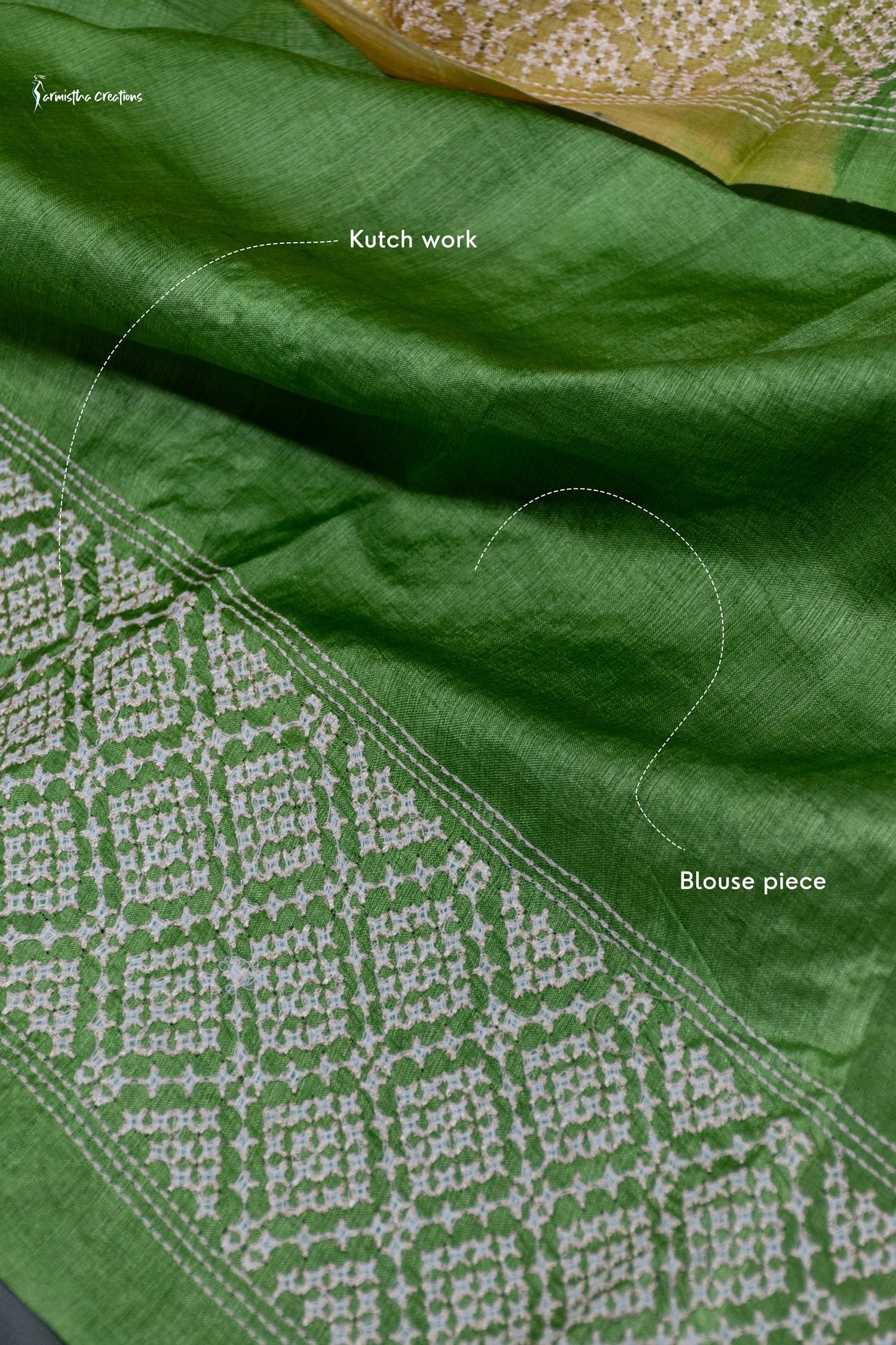 Green and Yellow Tussar Kutchwork Saree ptkw-002 image 7