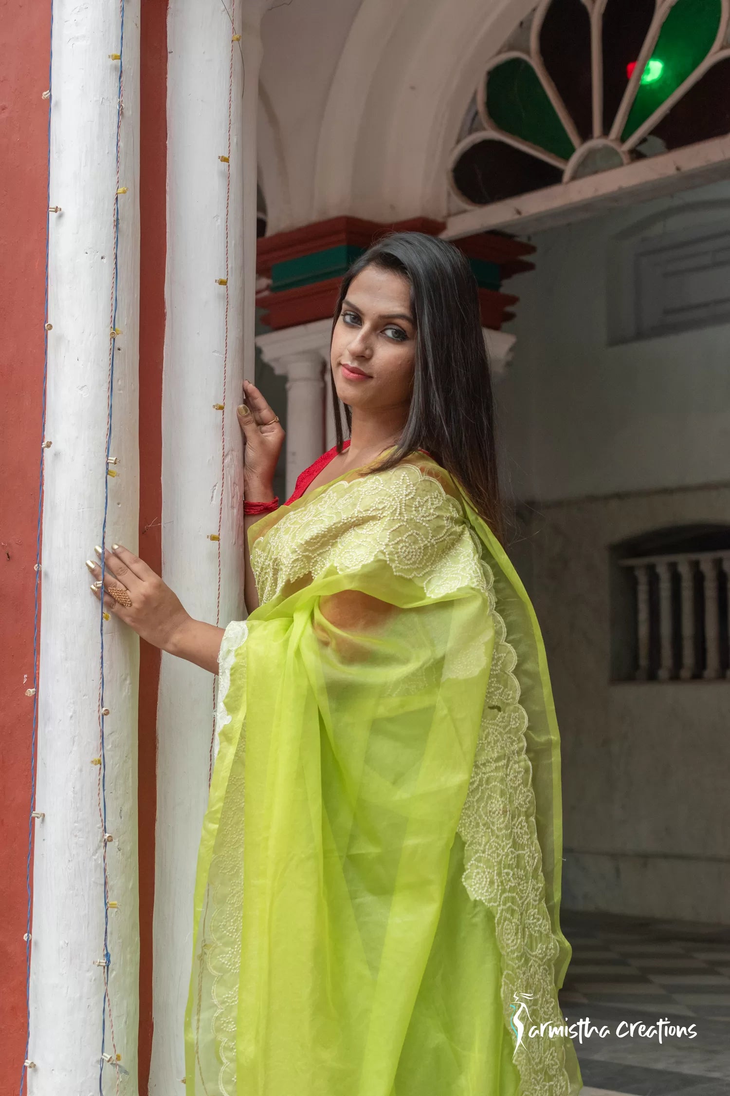 Organza Silk Saree with Embroidery work (Fluorescent Green) image 1