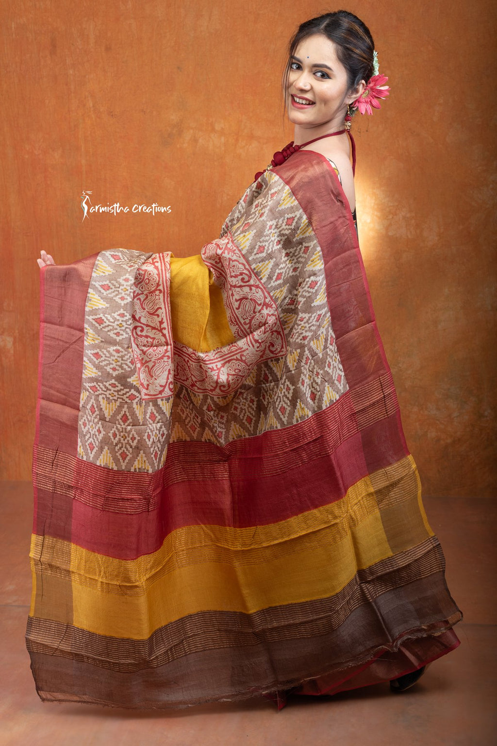 Zari Border Pure Tussar Saree With Hand-Block Printing dtzbhbp-117 image 2
