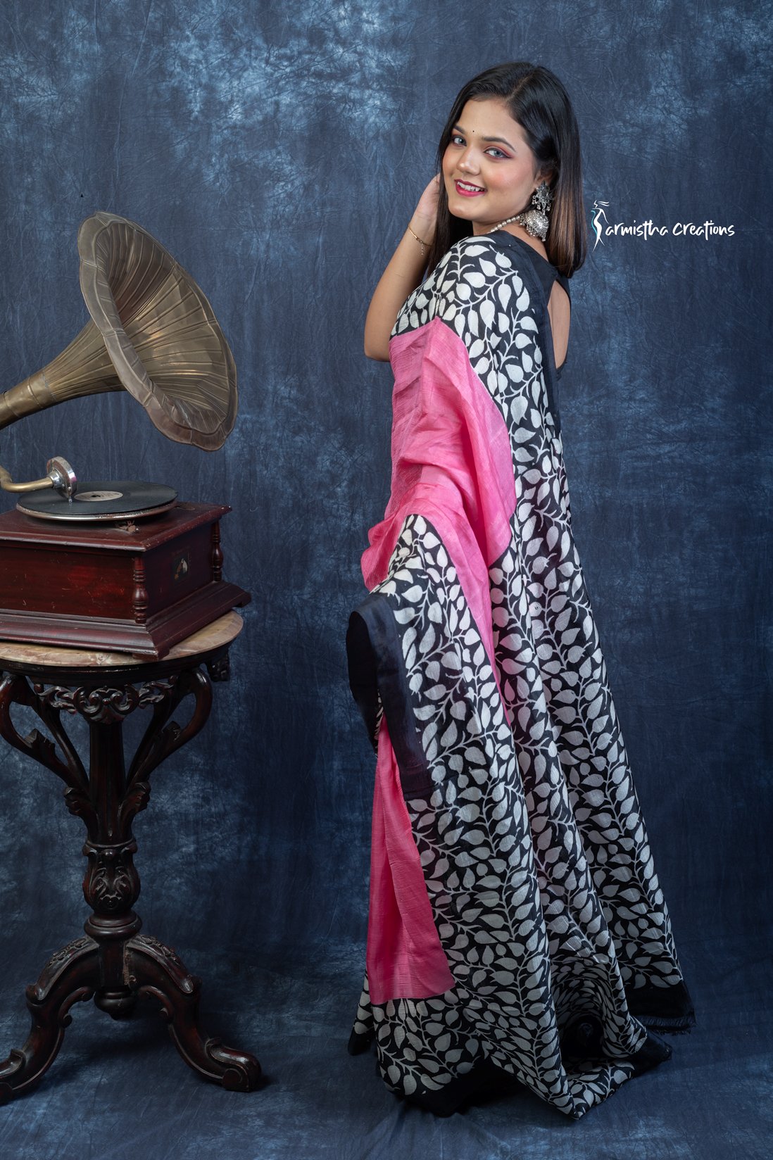 Midnight Blossom – Hand Block Printed Murshidabad Silk Saree | hbpms-030 image 2