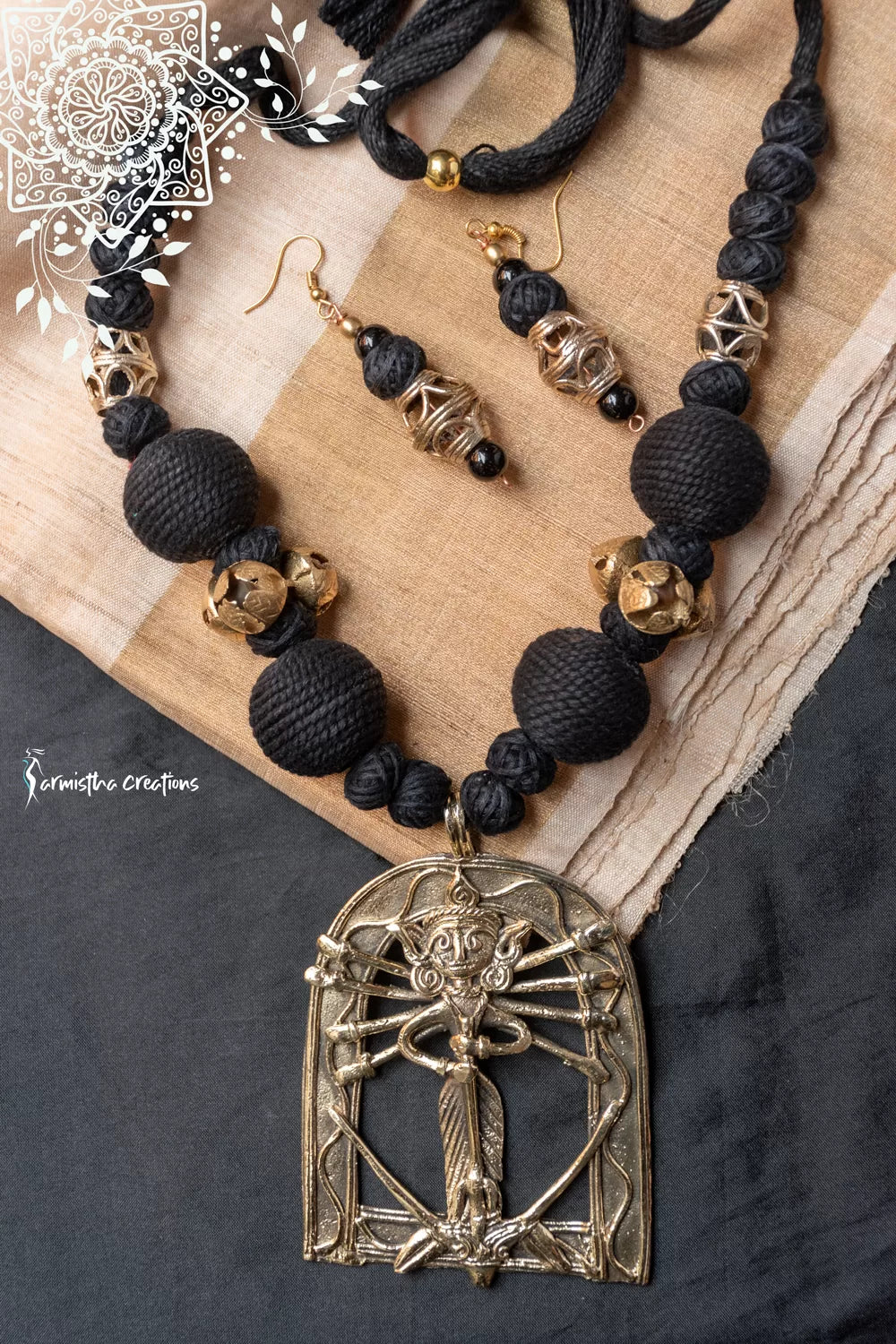Hand-Made Dokra Durga Necklace (Arched, Black) image 0