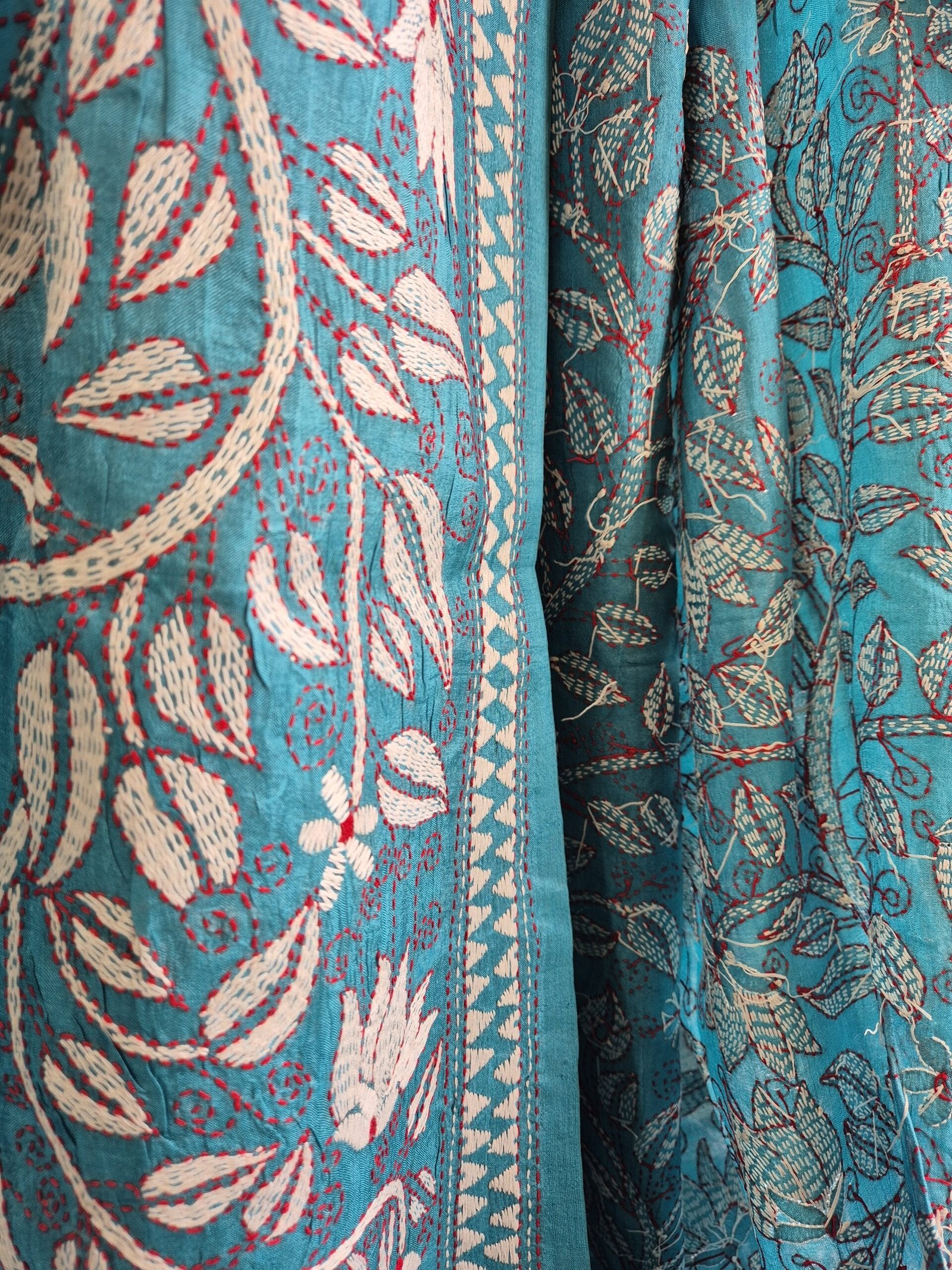 Teal Blue Kantha Stitch Saree on Pure Tussar image 2