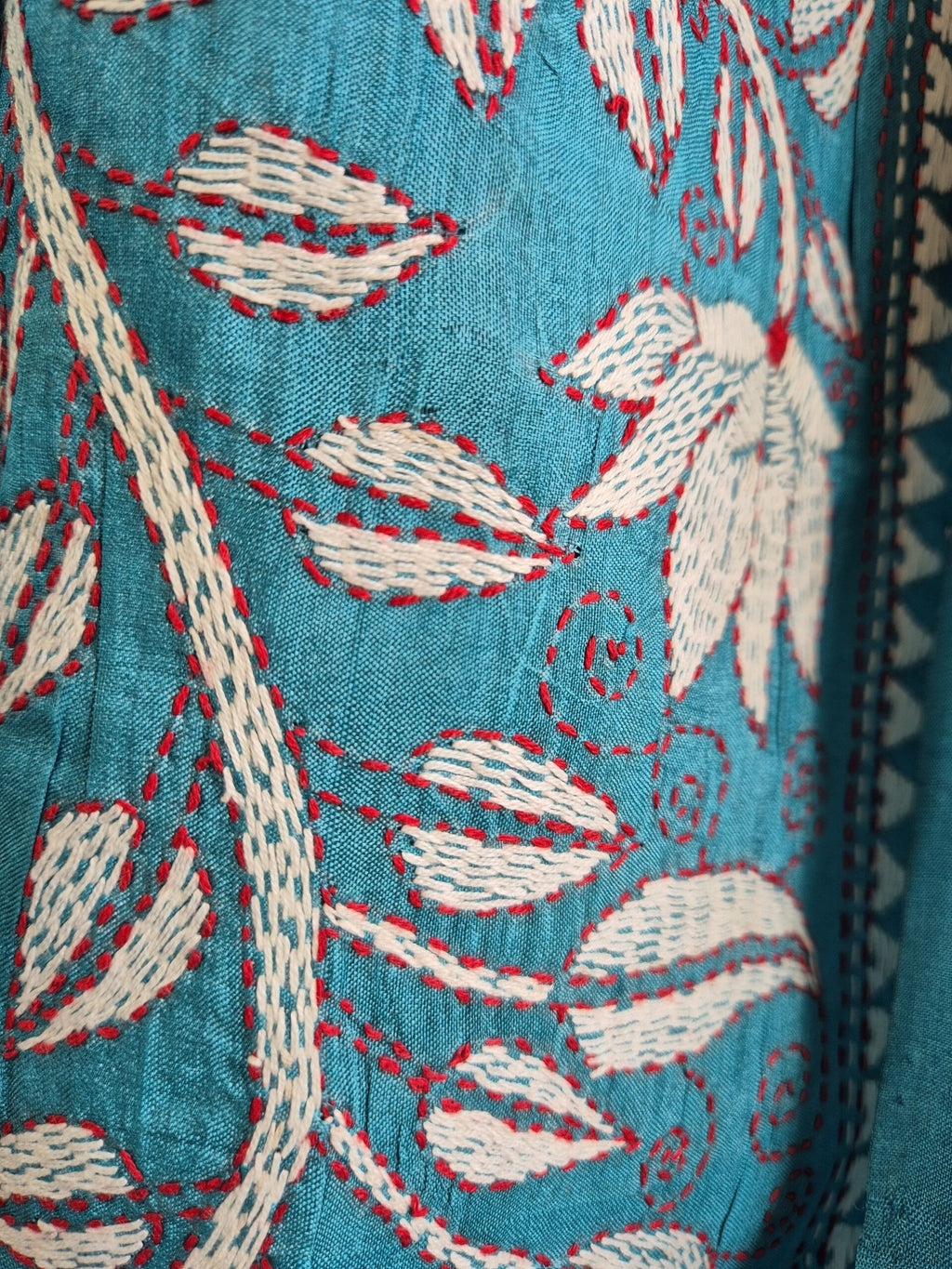 Teal Blue Kantha Stitch Saree on Pure Tussar image 3
