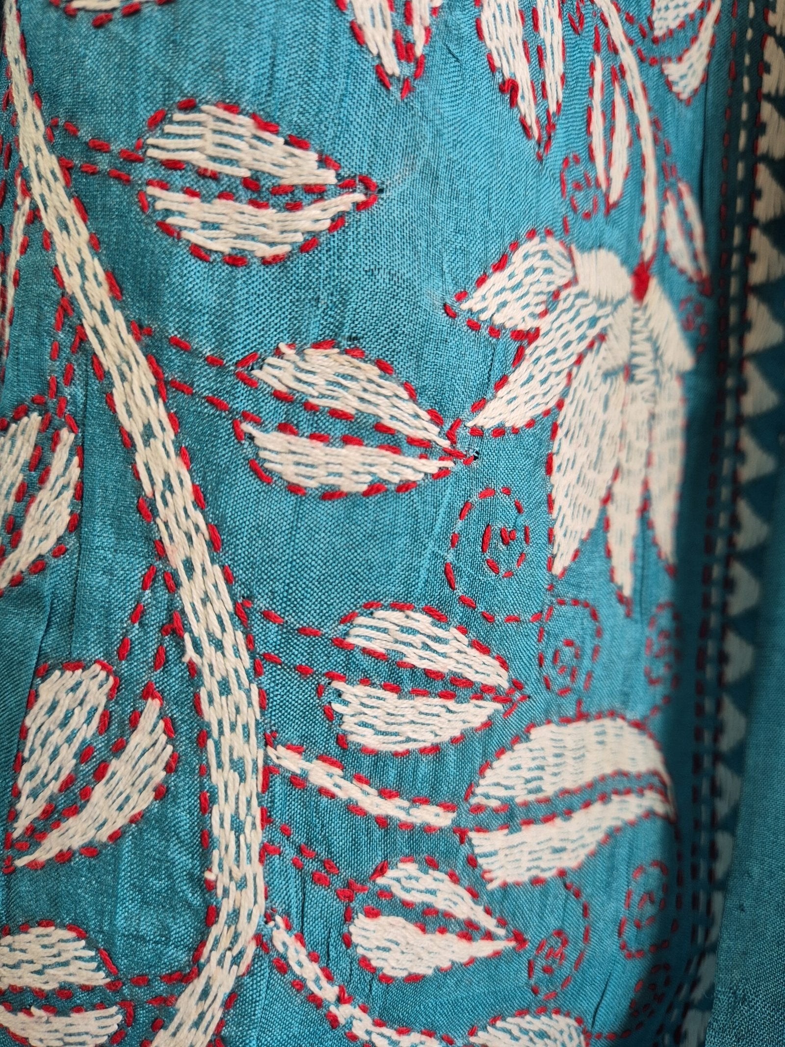 Teal Blue Kantha Stitch Saree on Pure Tussar image 3