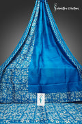 Murshidabad Silk Saree in Moroccan Blue With Hand Block Printed Floral Motifs in White hbpms-015 image 0
