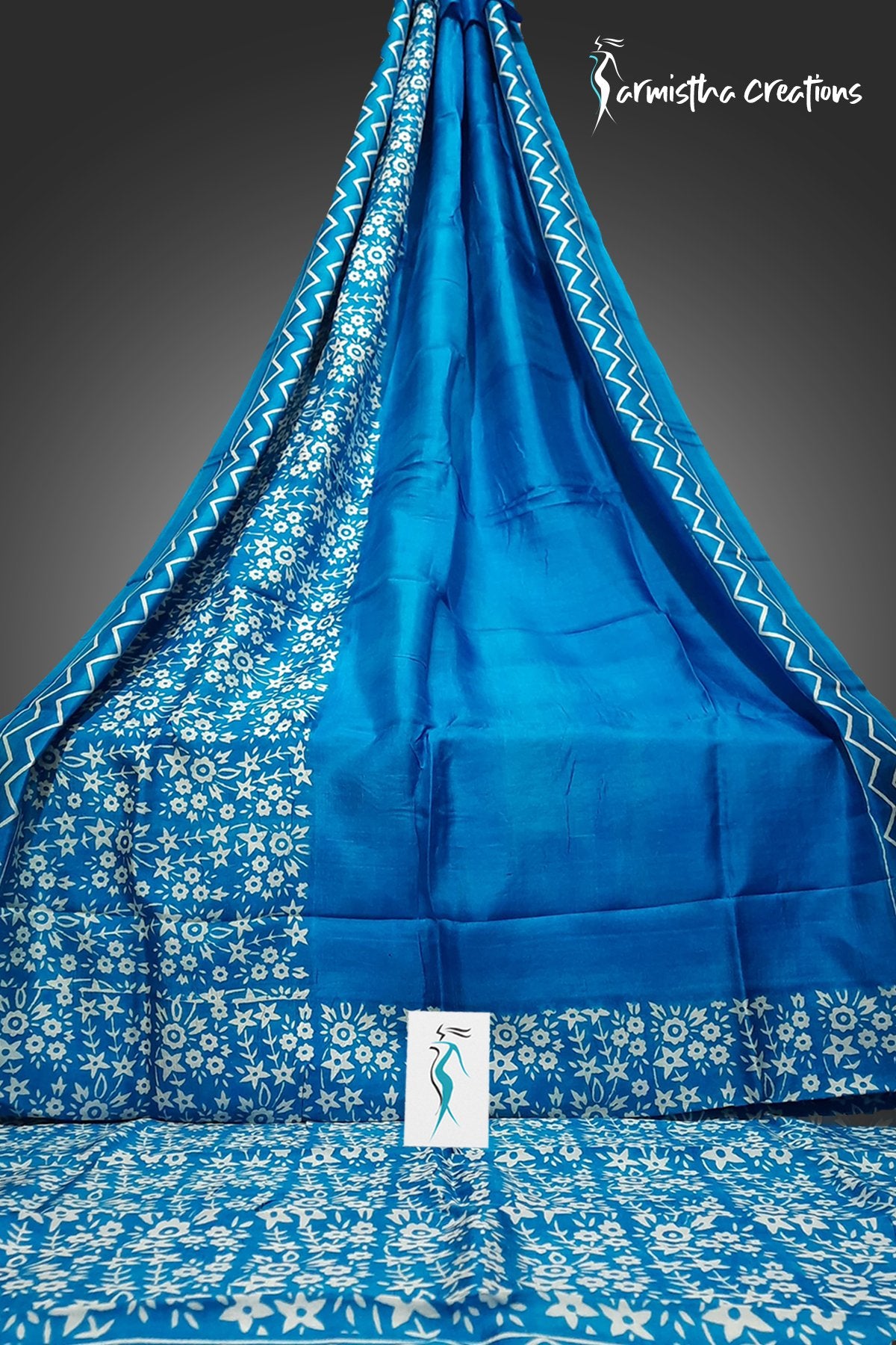 Murshidabad Silk Saree in Moroccan Blue With Hand Block Printed Floral Motifs in White hbpms-015 image 0