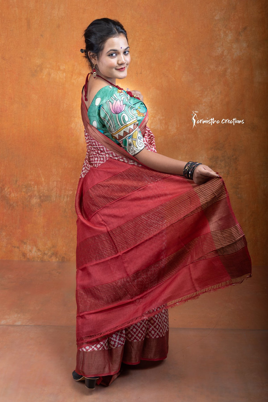 Zari Border Pure Desi Tussar Silk Saree With Hand-Block Printing | dtzbhbp-011 image 2
