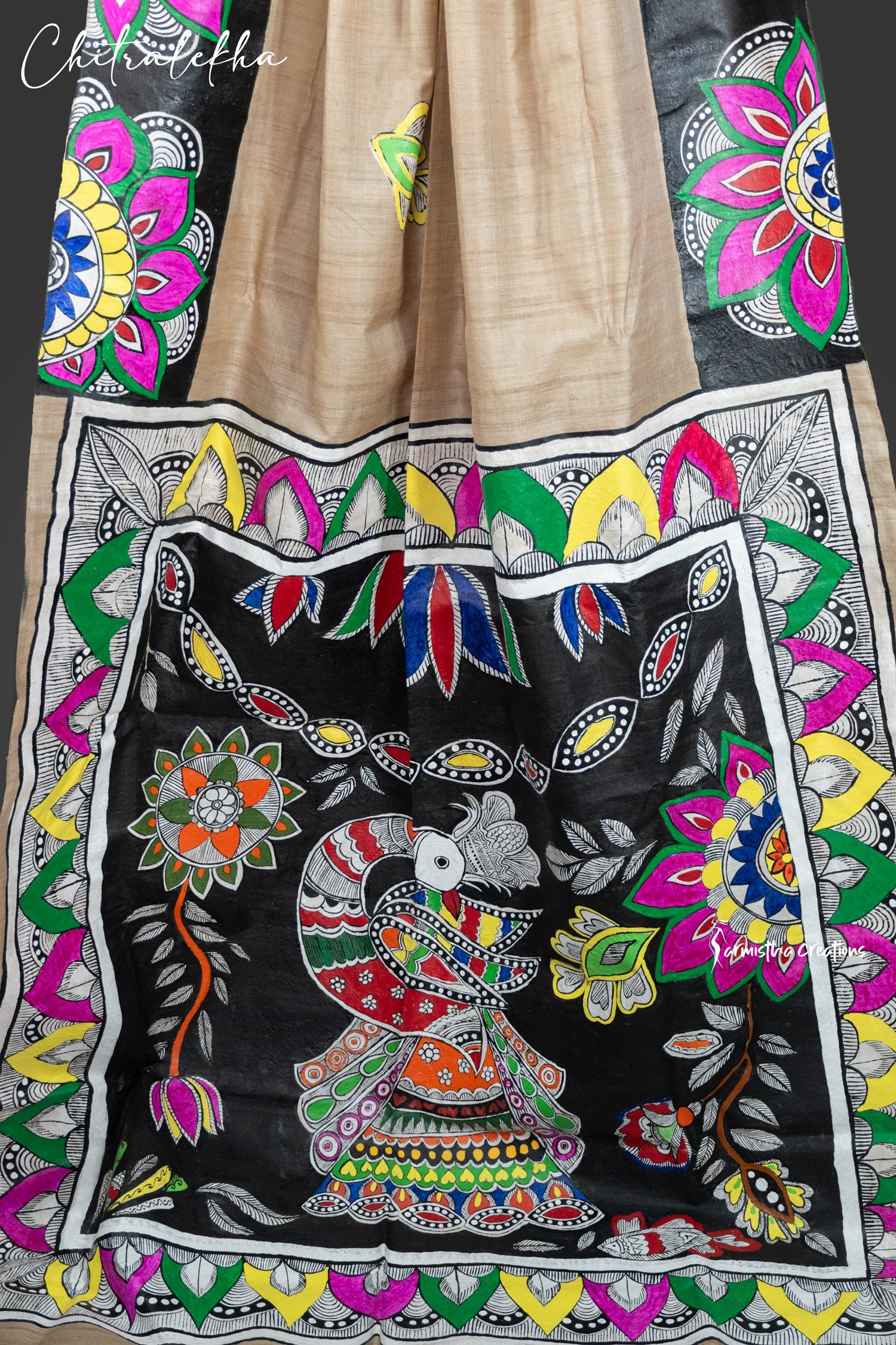 Modhulekha- Hand-painted patachitra fusing madhubani style on Raghunathpur Tussar image 5