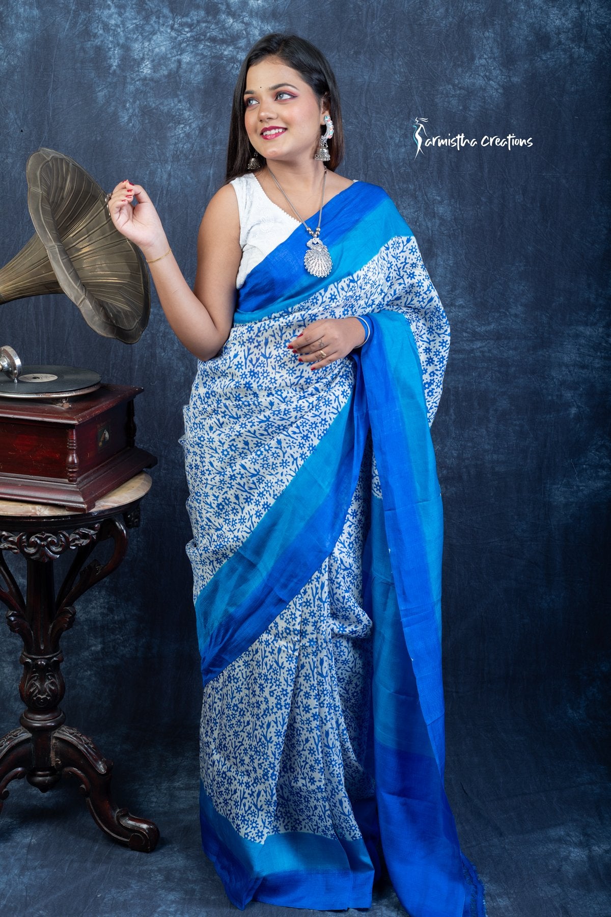 Azure Bloom &amp; Midnight Tide - Hand-block Printed Murshidabad Silk Saree | hbpms-029 image 1