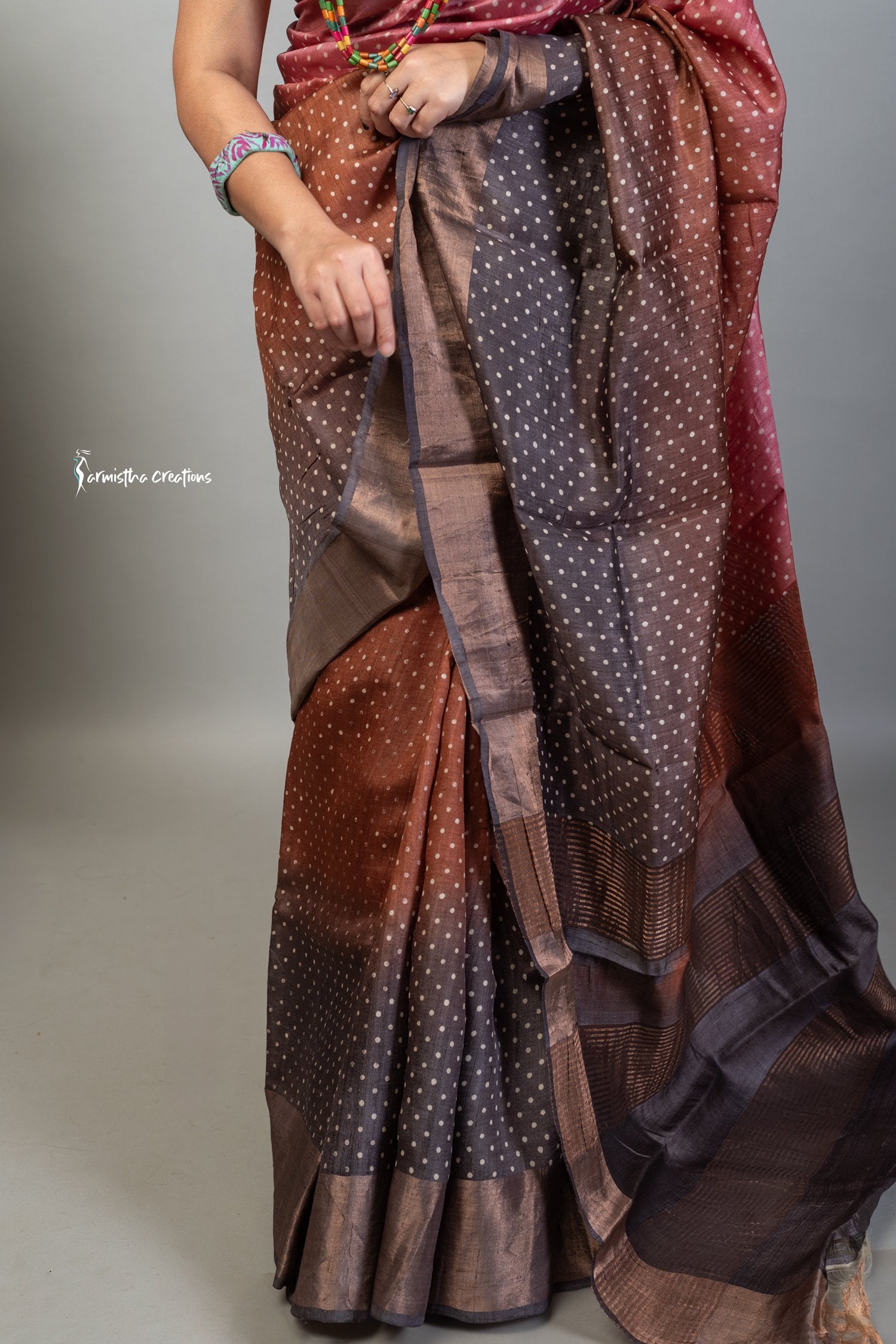 Zari Border Pure Desi Tussar Silk Saree With Hand-Block Printing dtzbhbp-049 image 2