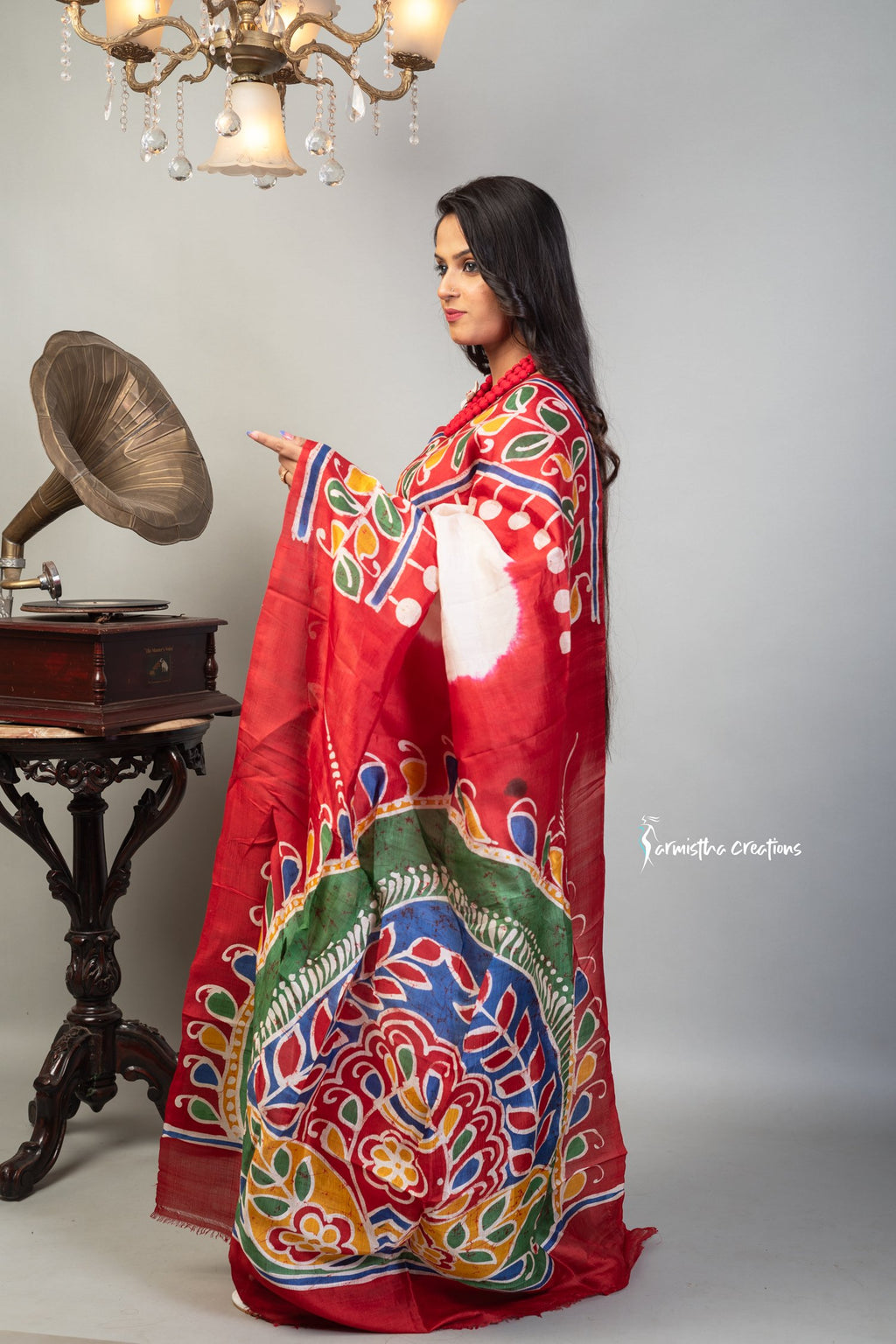 Bishnupuri Silk Saree With Hand Batik Work bssp-005 (Red-Yellow) image 1