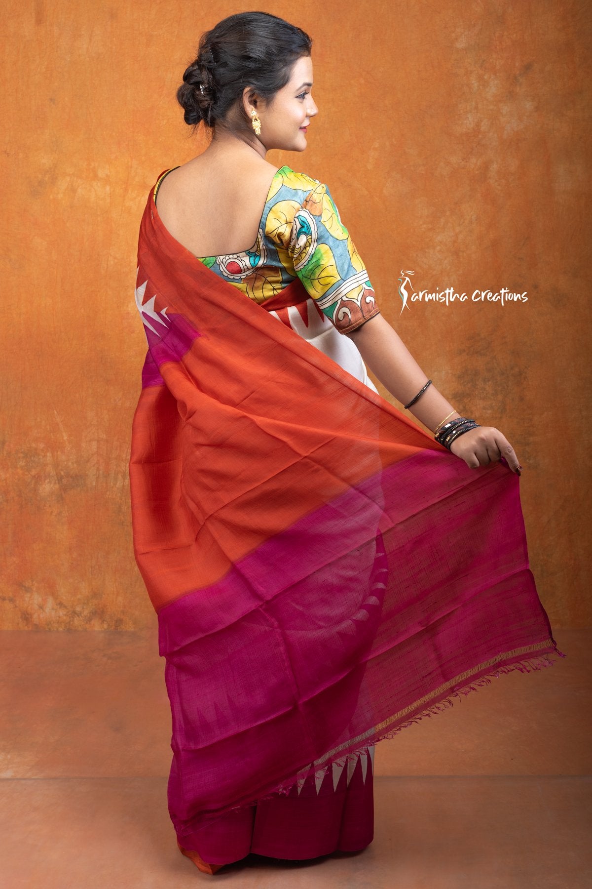 Murshidabad Silk Saree with Hand Block Printing Orange and Pink hbpms-010 image 3