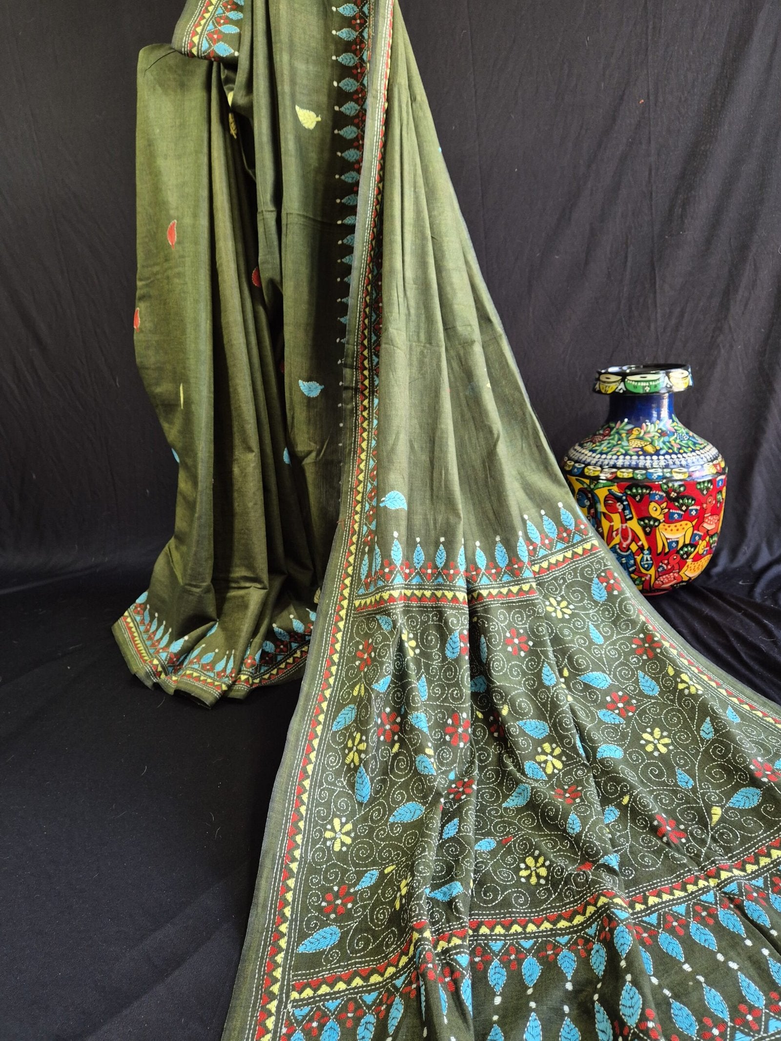 Kantha Stitch on Green Dhonekhali Cotton Saree image 2