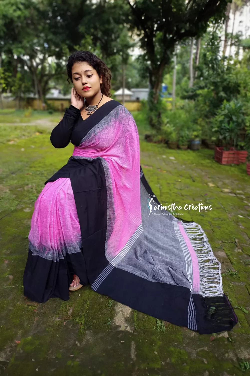 Pure Handloom Cotton Saree with Ikkat Design Pink-Black image 0