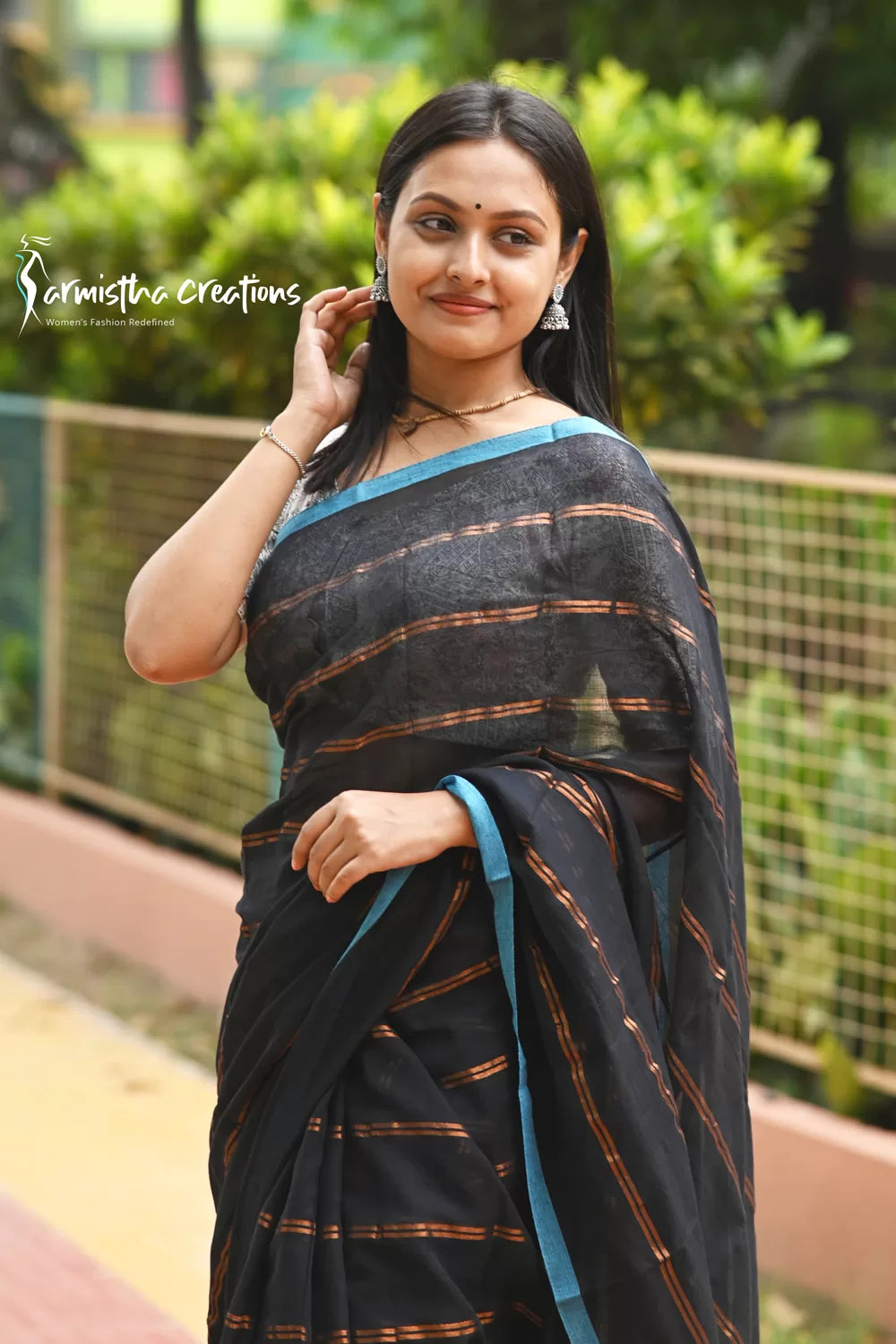 Pure Mal Cotton Saree with Copper Zari Black image 0