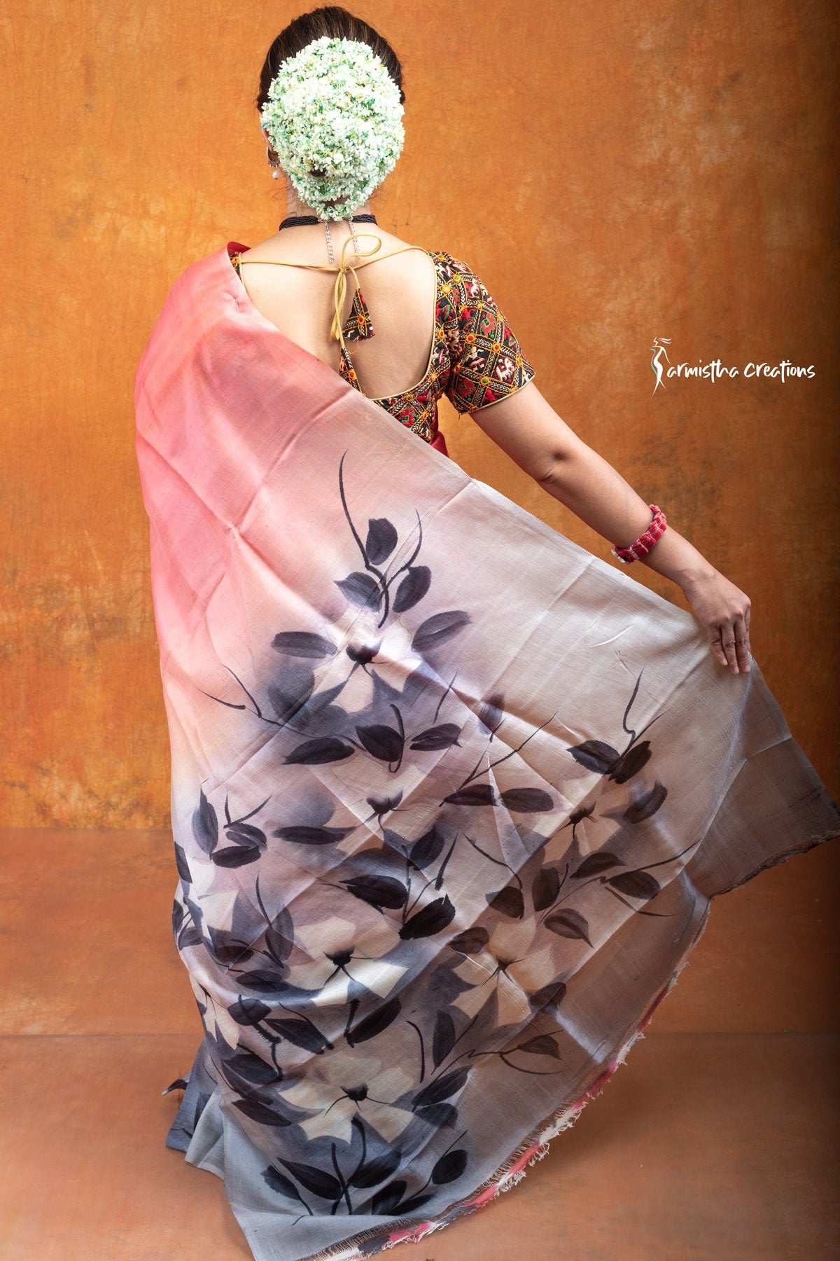 Blush Dusk &amp; Ink Petals – Hand-Painted Bishnupuri Silk Saree | bshp-002 image 3