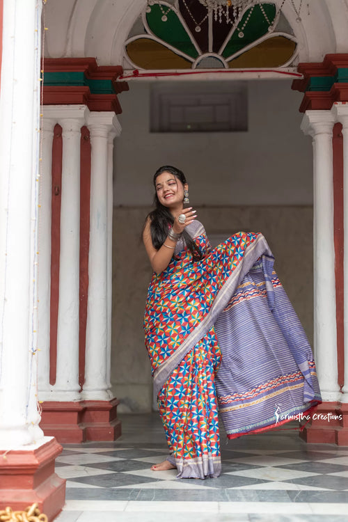 Ghicha Tussar Silk Saree with Block Printed Geometrical Motifs image 1