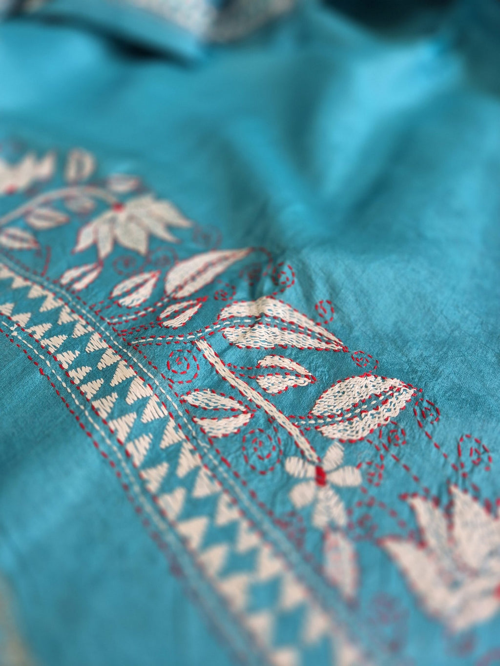 Teal Blue Kantha Stitch Saree on Pure Tussar image 5