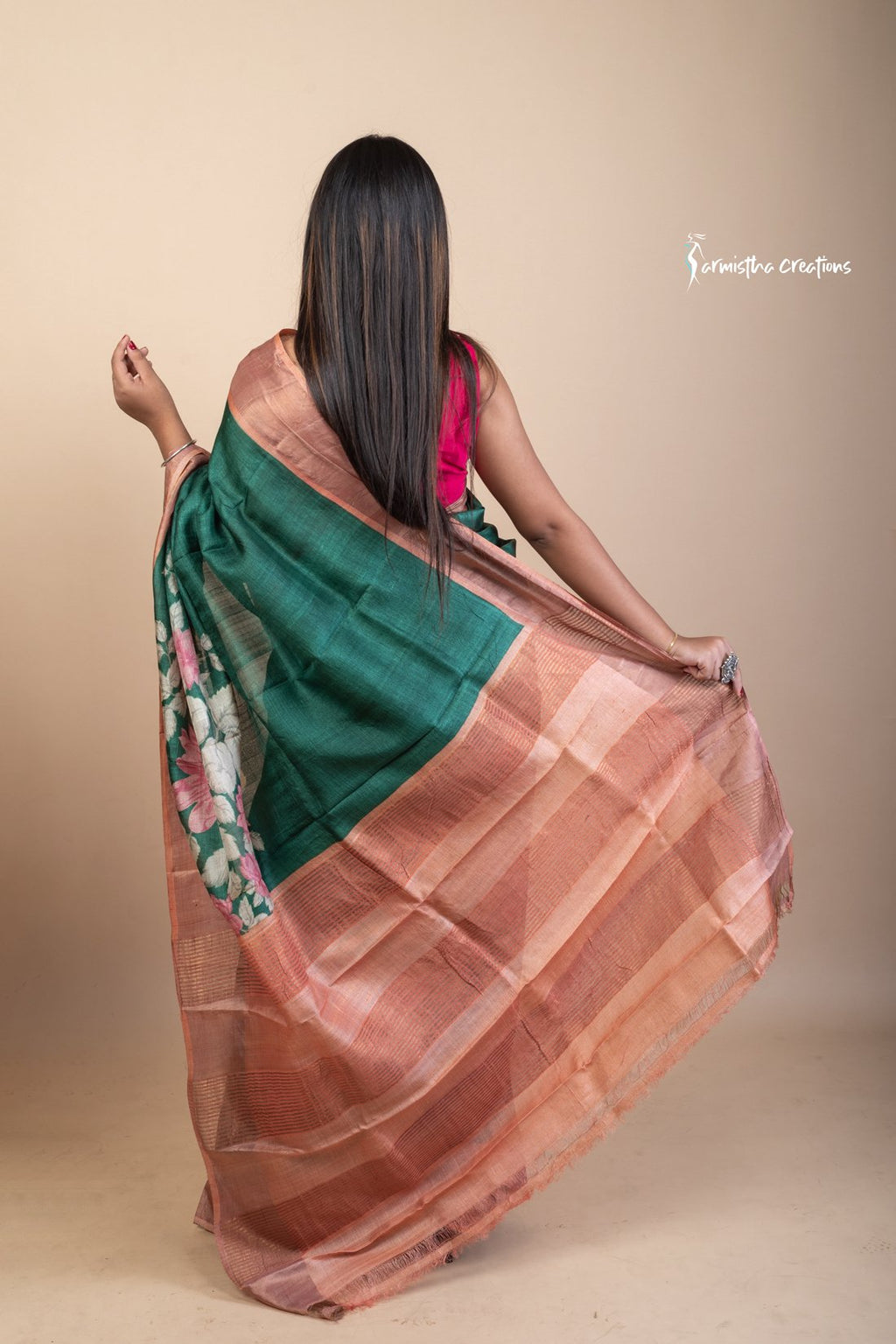 Forest Bloom – Zari Border Tussar Saree with Hand Block Prints | dtzbhbp-091 image 6