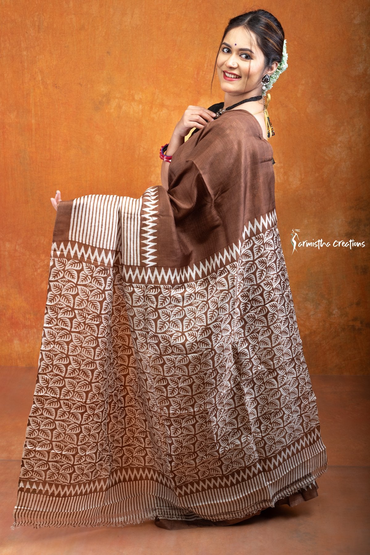 Whispers of Cocoa Earth : Hand-block Printed Murshidabad Silk Saree | hbpms-020 image 0