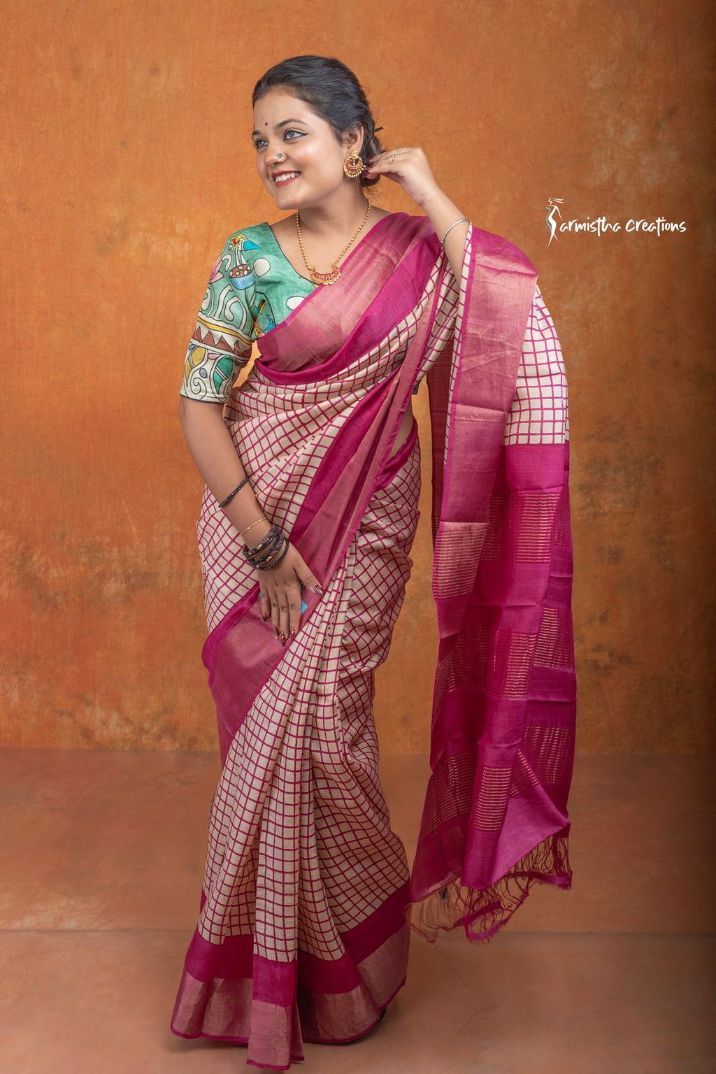Zari Border Pure Tussar Silk Saree With Hand-Block Printing dtzbhbp-057 image 5