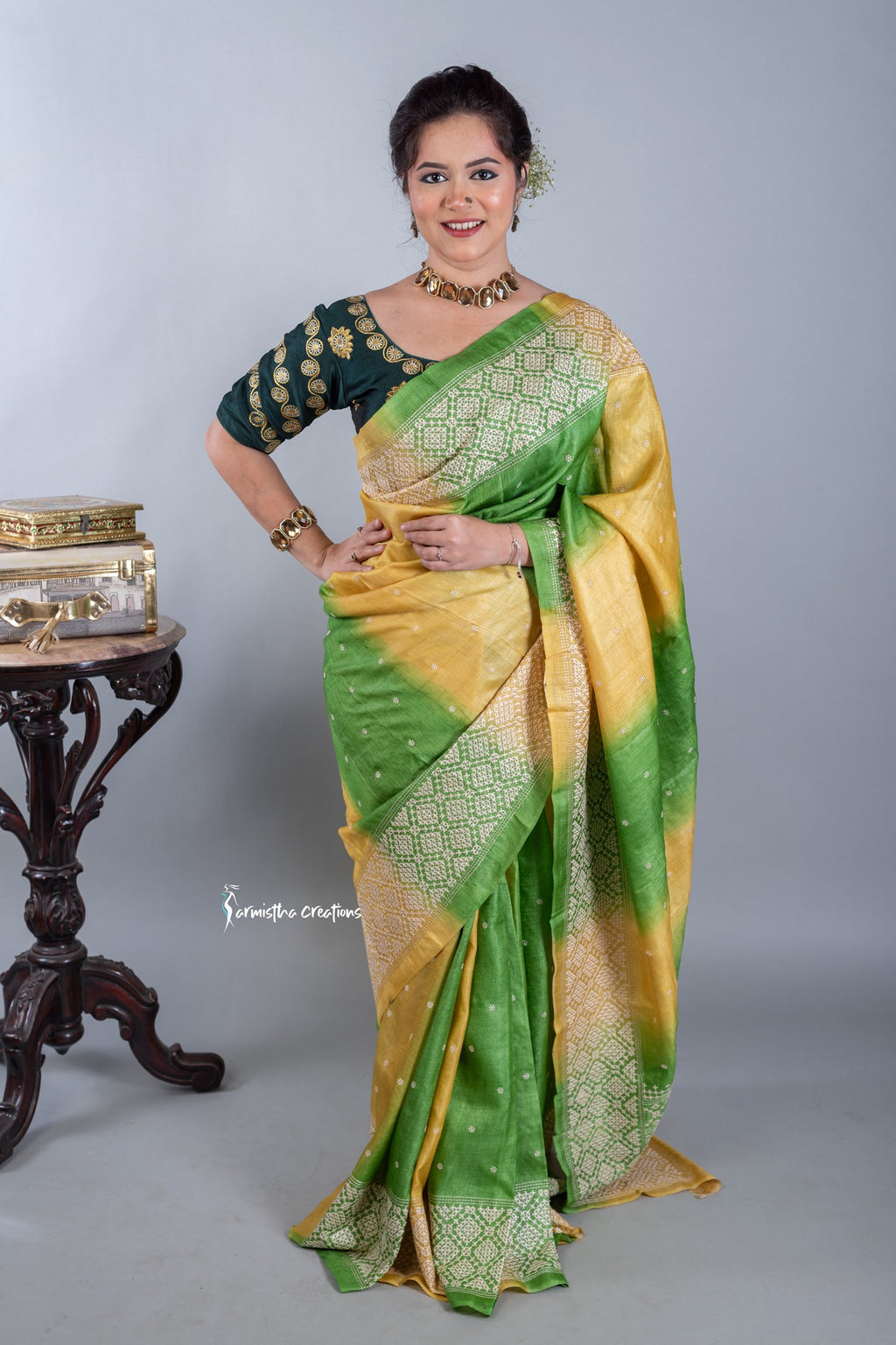 Green and Yellow Tussar Kutchwork Saree ptkw-002 image 2