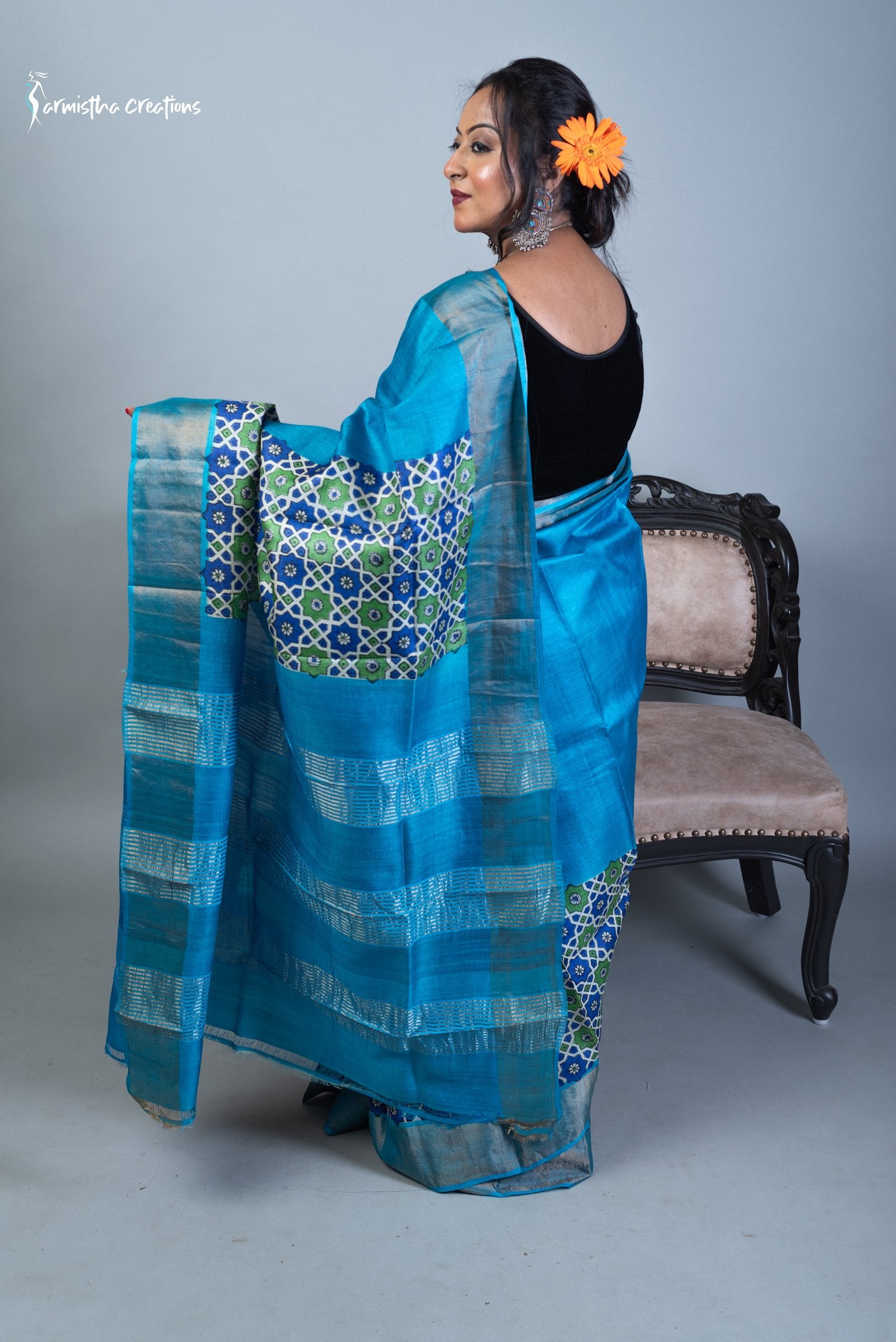 Zari Tussar Saree With Hand-Block Printing dtzbhbp-004 image 2