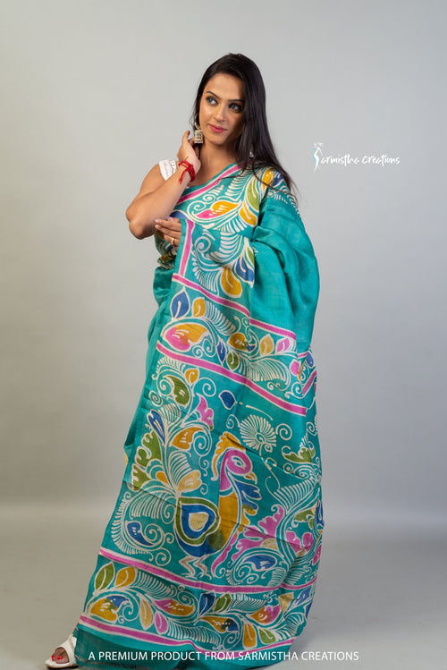 Bishnupuri Silk Saree With Hand Batik Work bssp-009 (Turquoise Blue) image 0