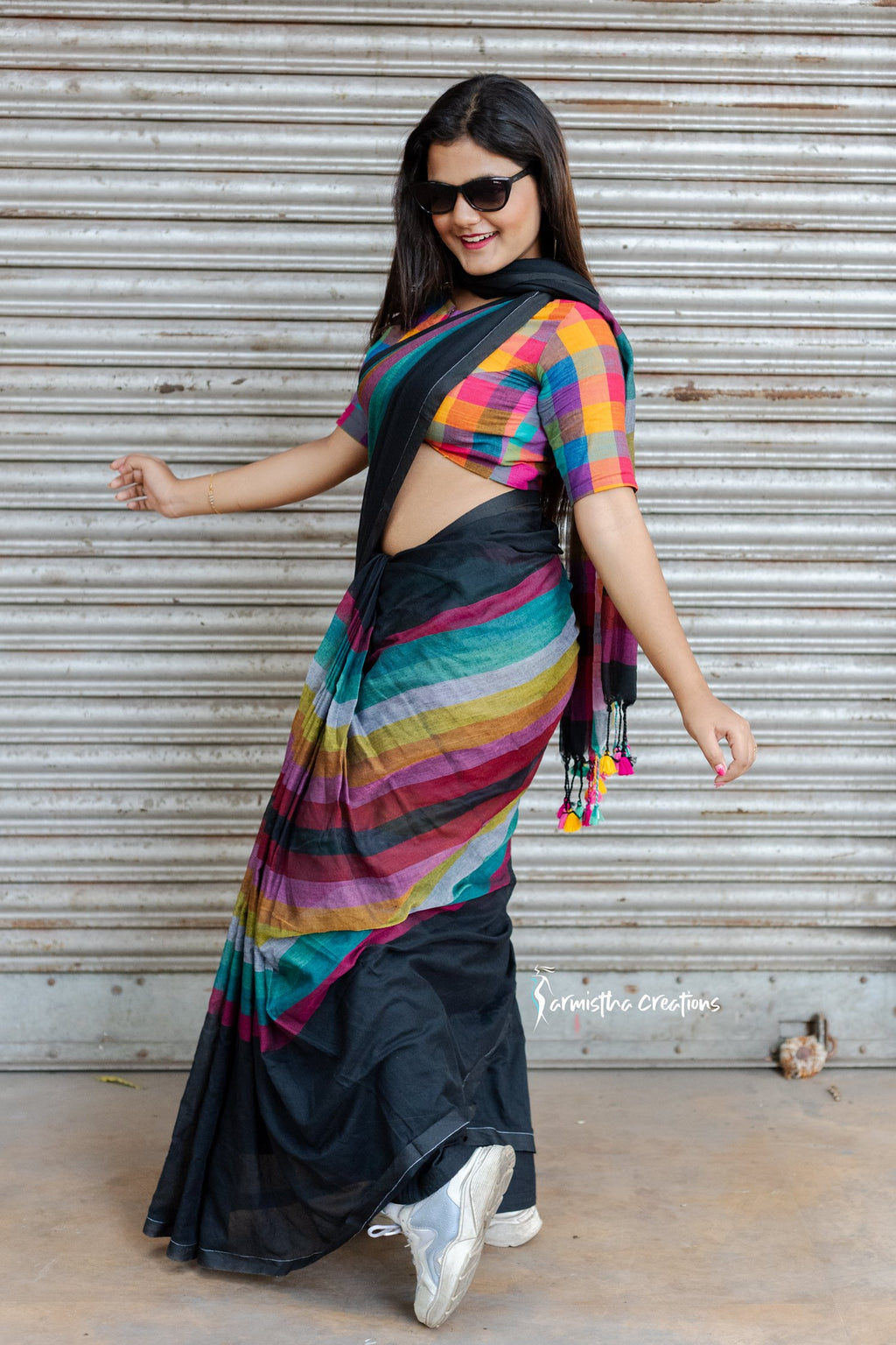 Black &amp; Multicolour Pure Mul Cotton Saree image 2