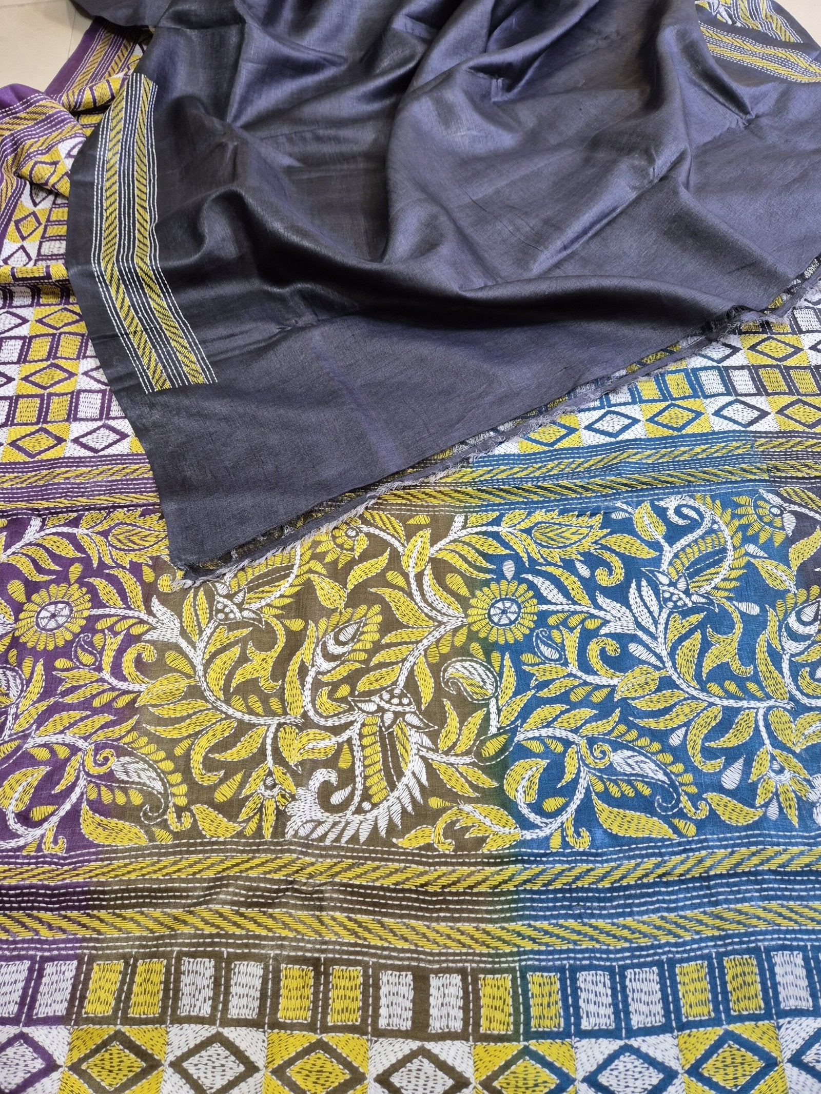Kantha Work on Gachi Tussar Saree with Fusion Dye image 4