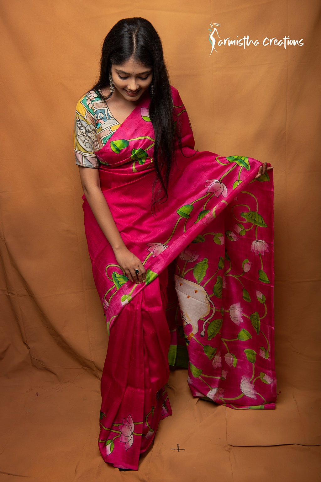 Kamalini – Rani Pink Pure Bishnupuri Silk Saree with Hand Kalamkari Work