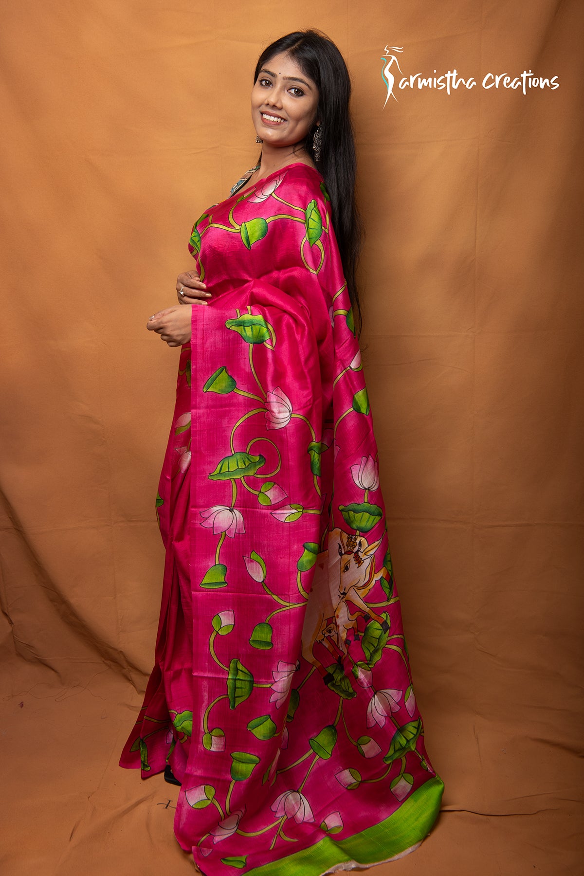 Kamalini – Rani Pink Pure Bishnupuri Silk Saree with Hand Kalamkari Work