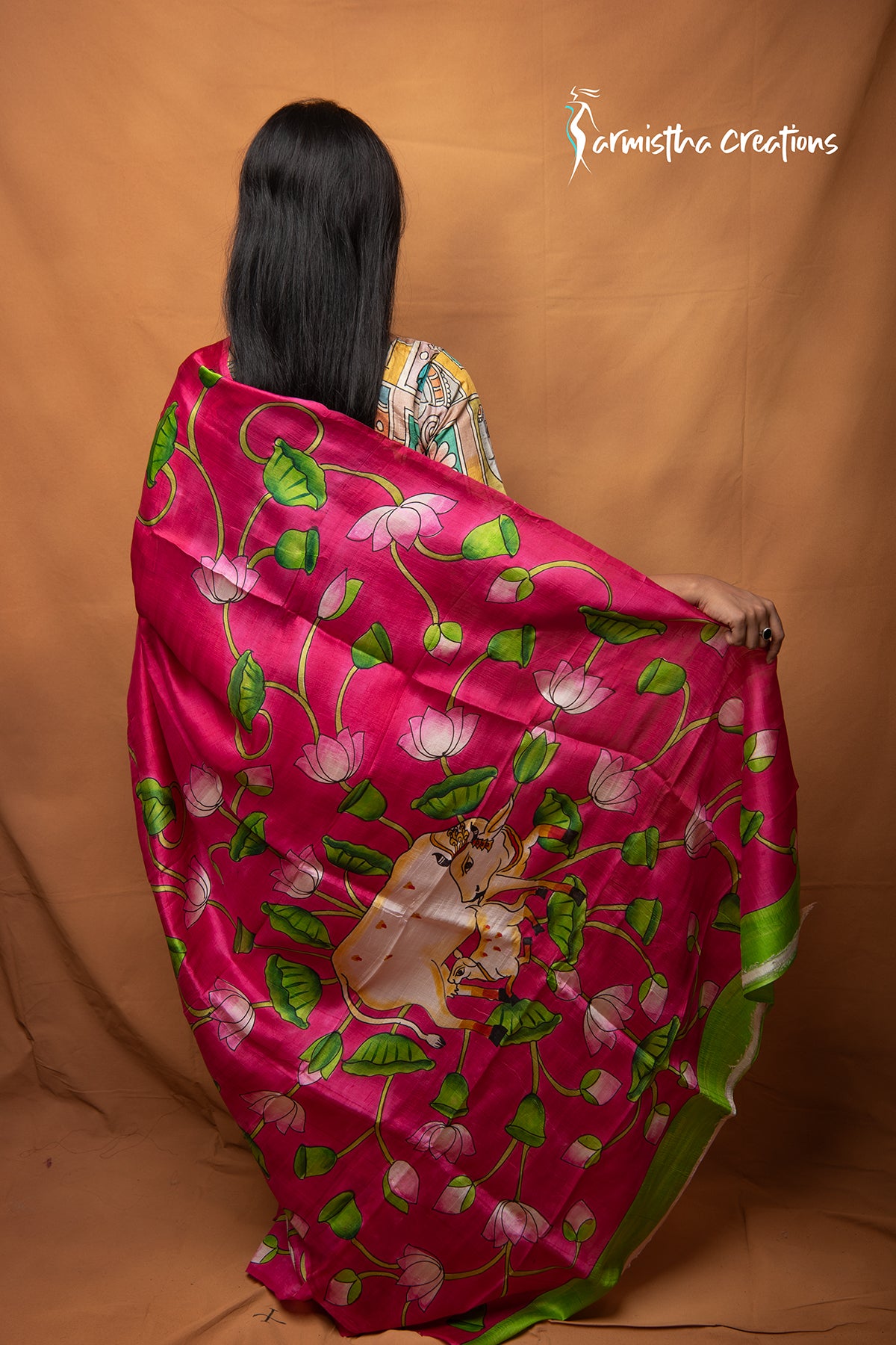 Kamalini – Rani Pink Pure Bishnupuri Silk Saree with Hand Kalamkari Work