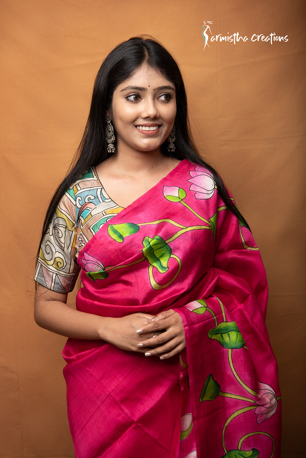 Kamalini – Rani Pink Pure Bishnupuri Silk Saree with Hand Kalamkari Work